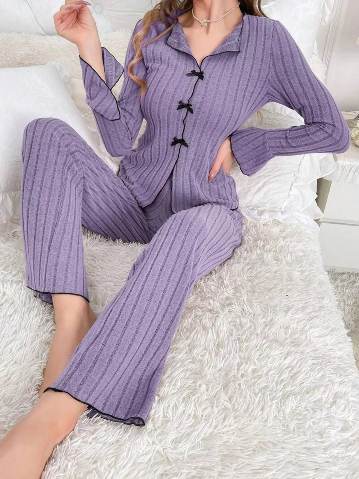 Contrast Bow Detail Top and Pants Lounge Set