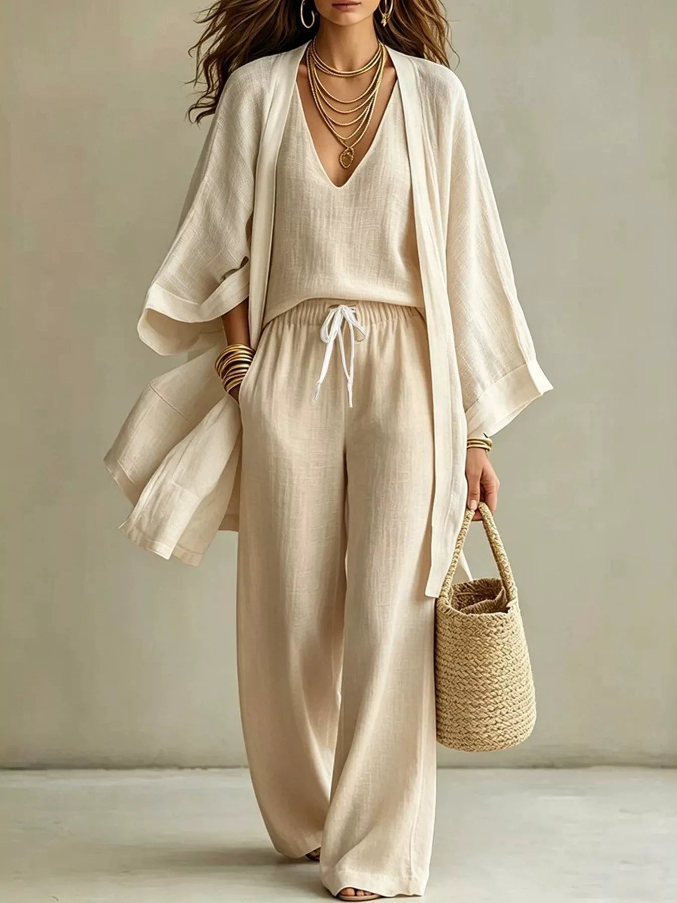 Full Size V-Neck Tank & Cardigan and Pants Set Plus Size