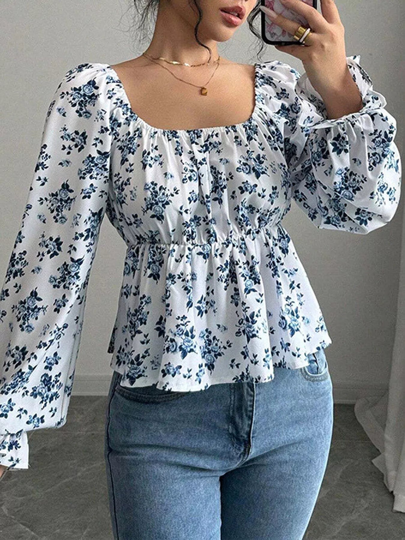 Floral Print Square Neck Peplum Blouse