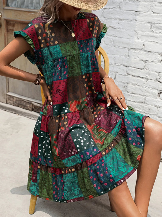 Color Block Print Short Sleeve Mini Dress