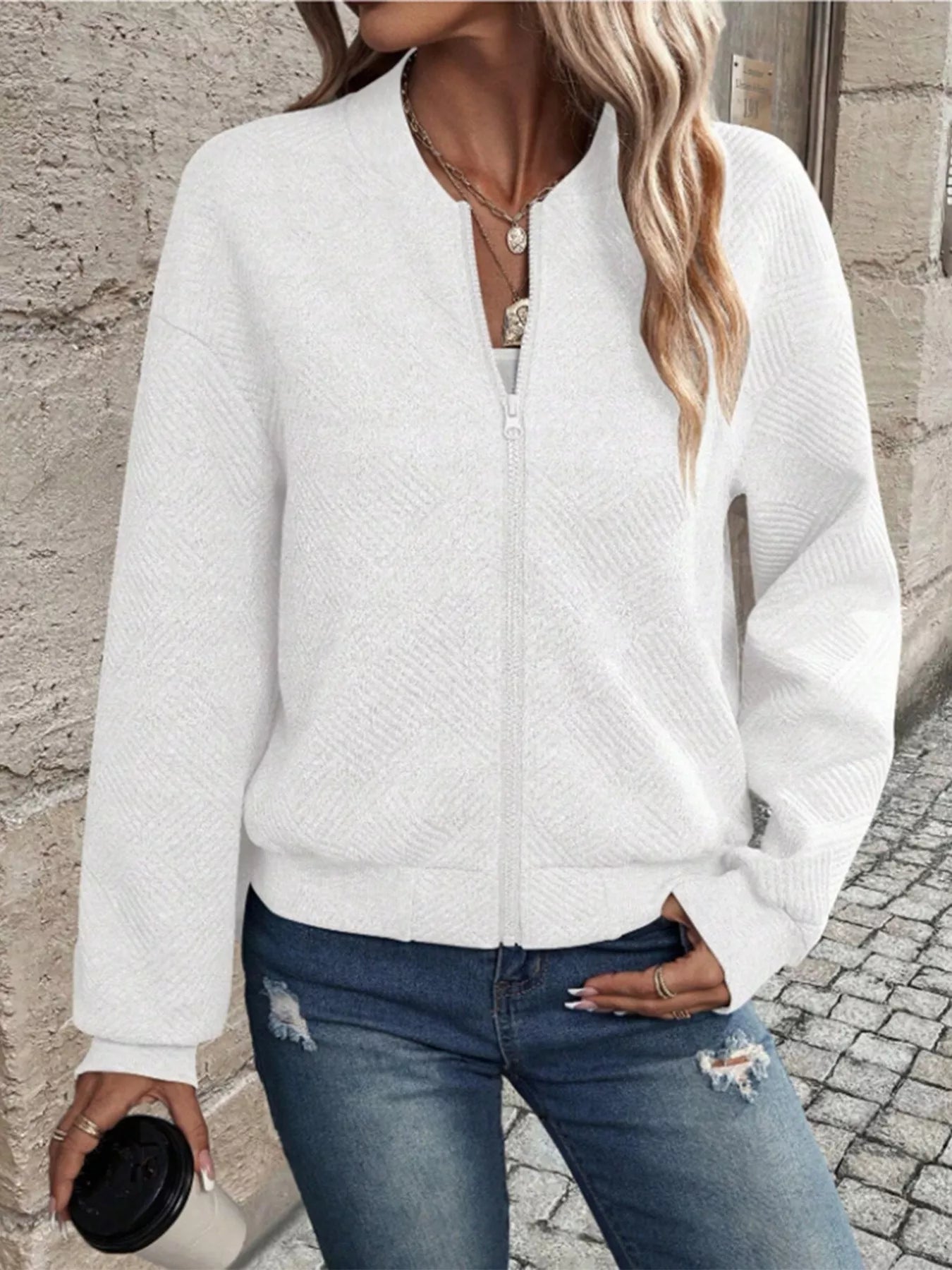 Textured Knit Zip-Up Jacket