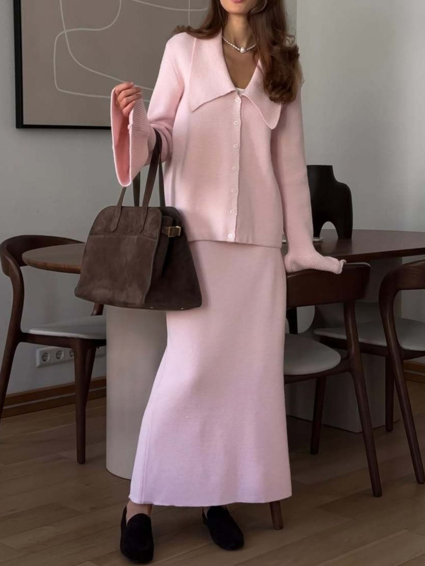 Button Down Long Sleeve Cardigan and Skirt Knit Set