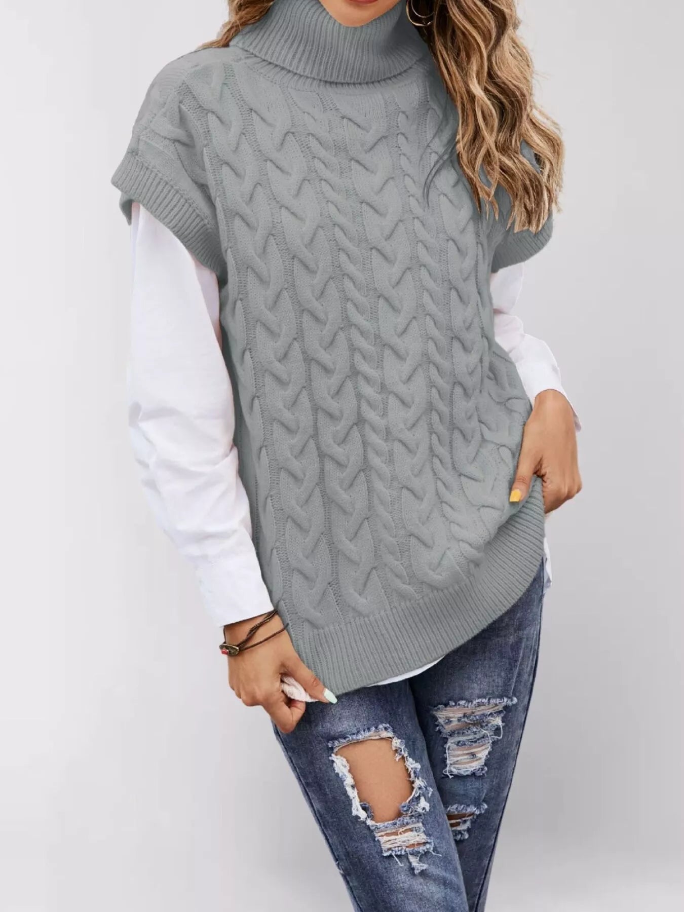 Chunky Knit Turtleneck Cap Sleeve Sweater