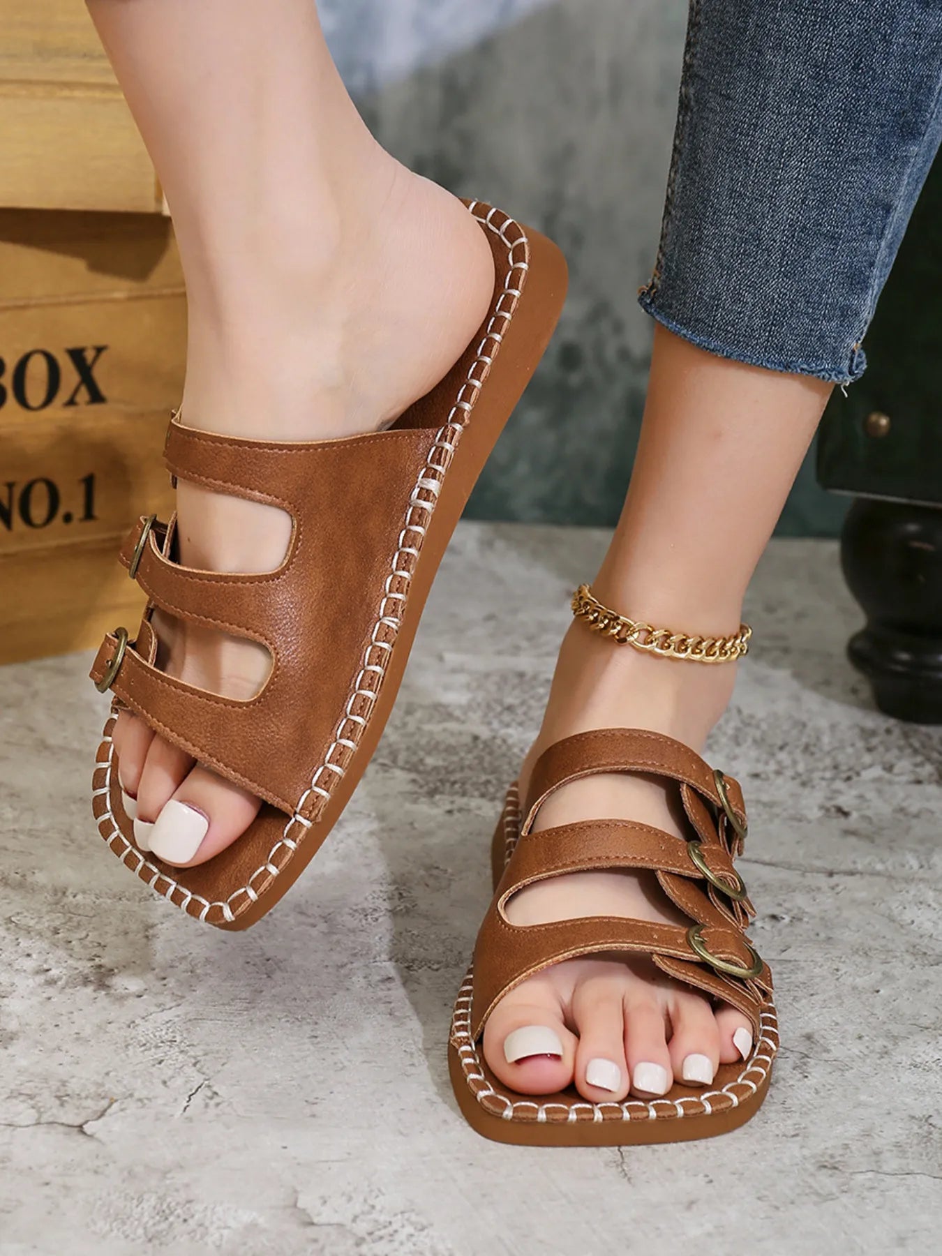 Triple Buckle Flat Sandals