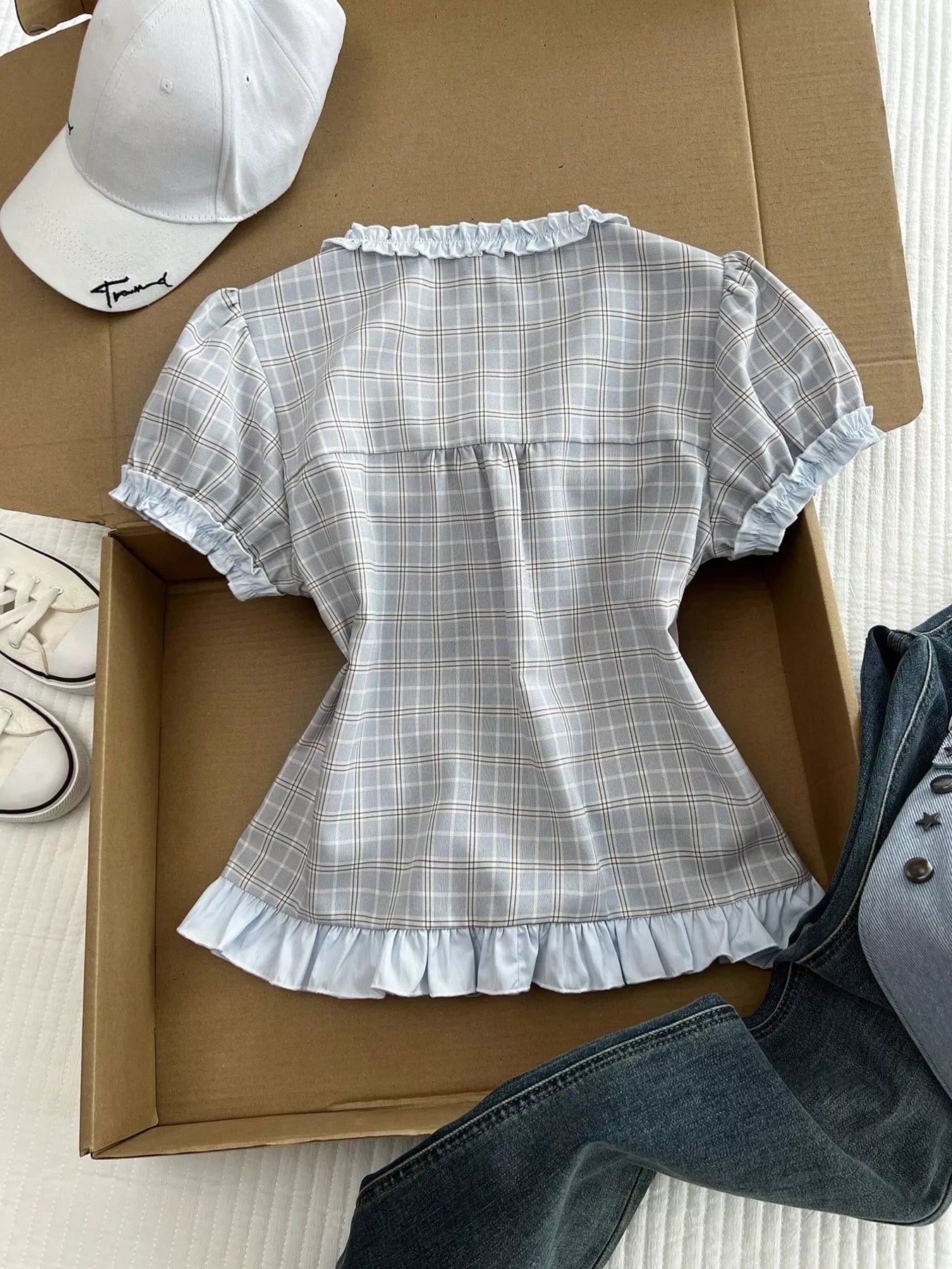 Plaid Ruffle Trim Puff Sleeve Blouse
