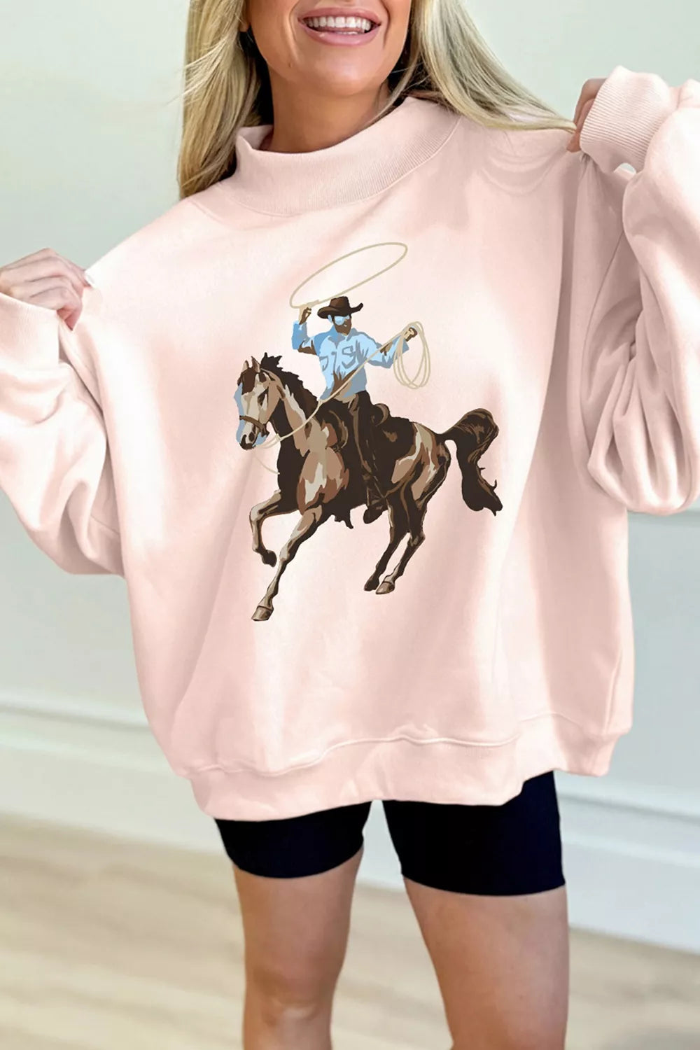 Western Cowboy Rodeo Print Mock Neck Sweatshirt