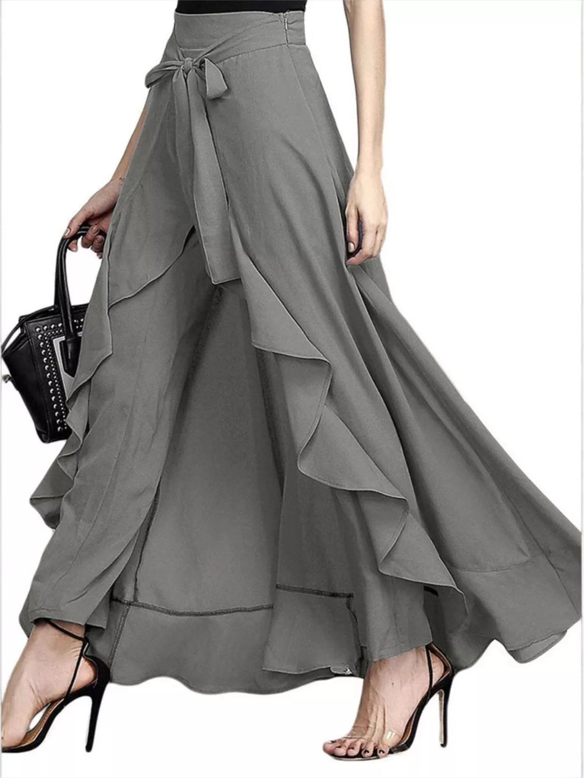 Full Size High-Waisted Tie-Front Ruffled Wide-Leg Pants Plus Size