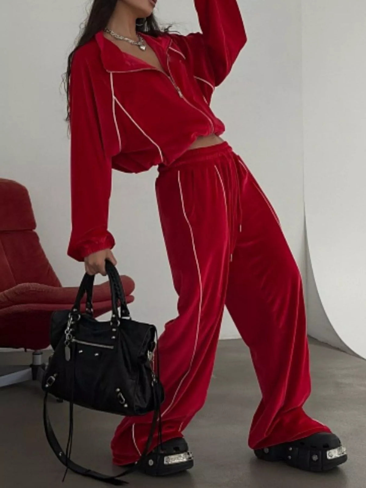 Zip Up Long Sleeve Top and Pants Set