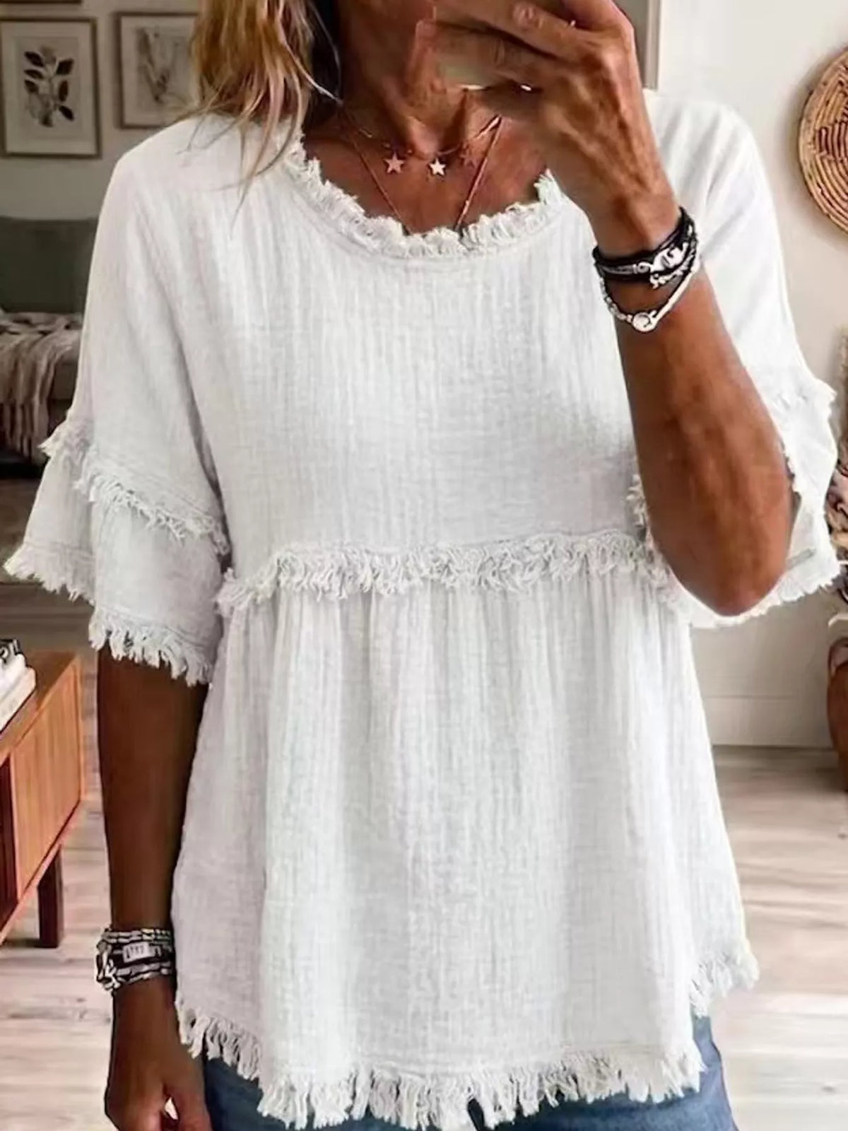 Full Size Frayed Edge Textured Blouse Plus Size