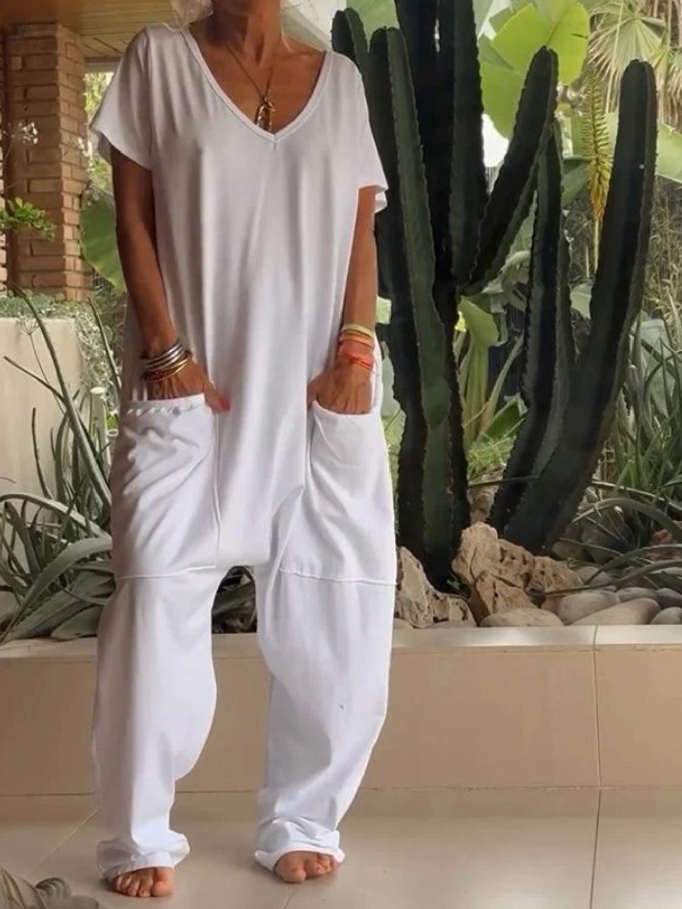 Full Size Loose Fit V-Neck Short Sleeve Wide Leg Jumpsuit Plus Size
