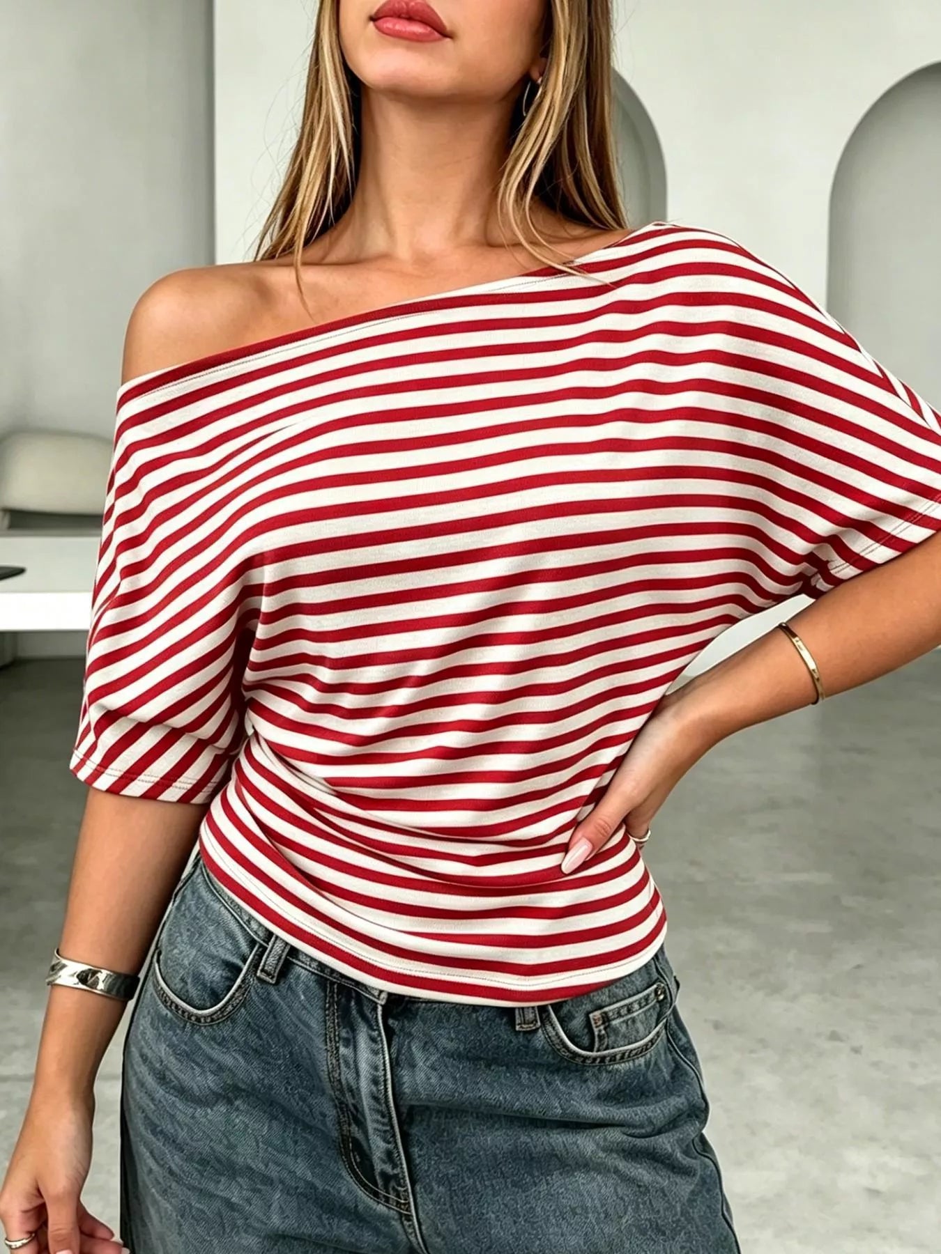 One Shoulder Striped Dolman Sleeve T-Shirt