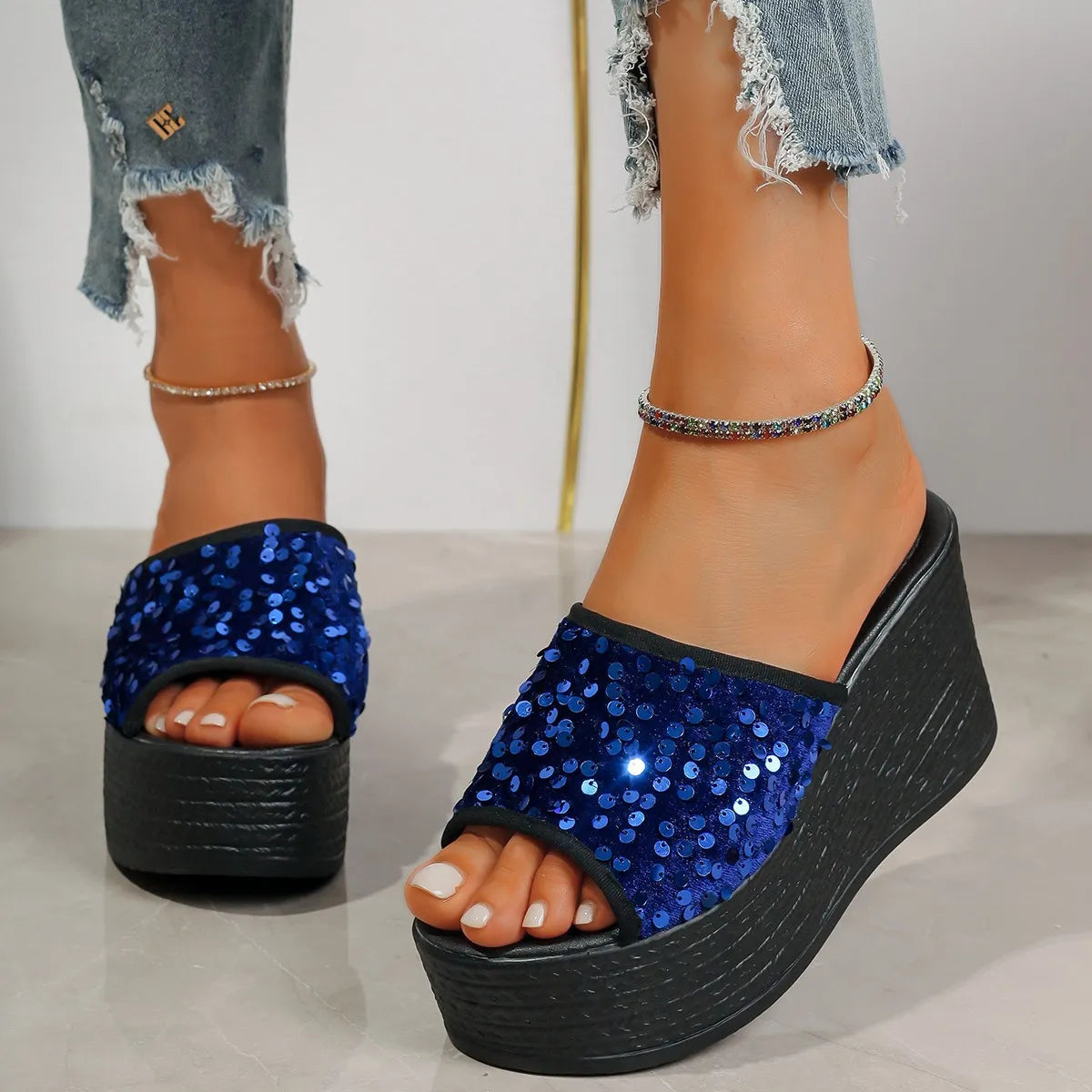 Rhinestone Peep Toe Wedge Sandals