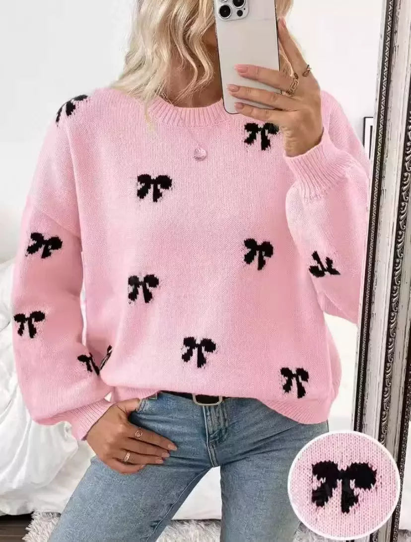 Bow Round Neck Dropped Shoulder Sweater
