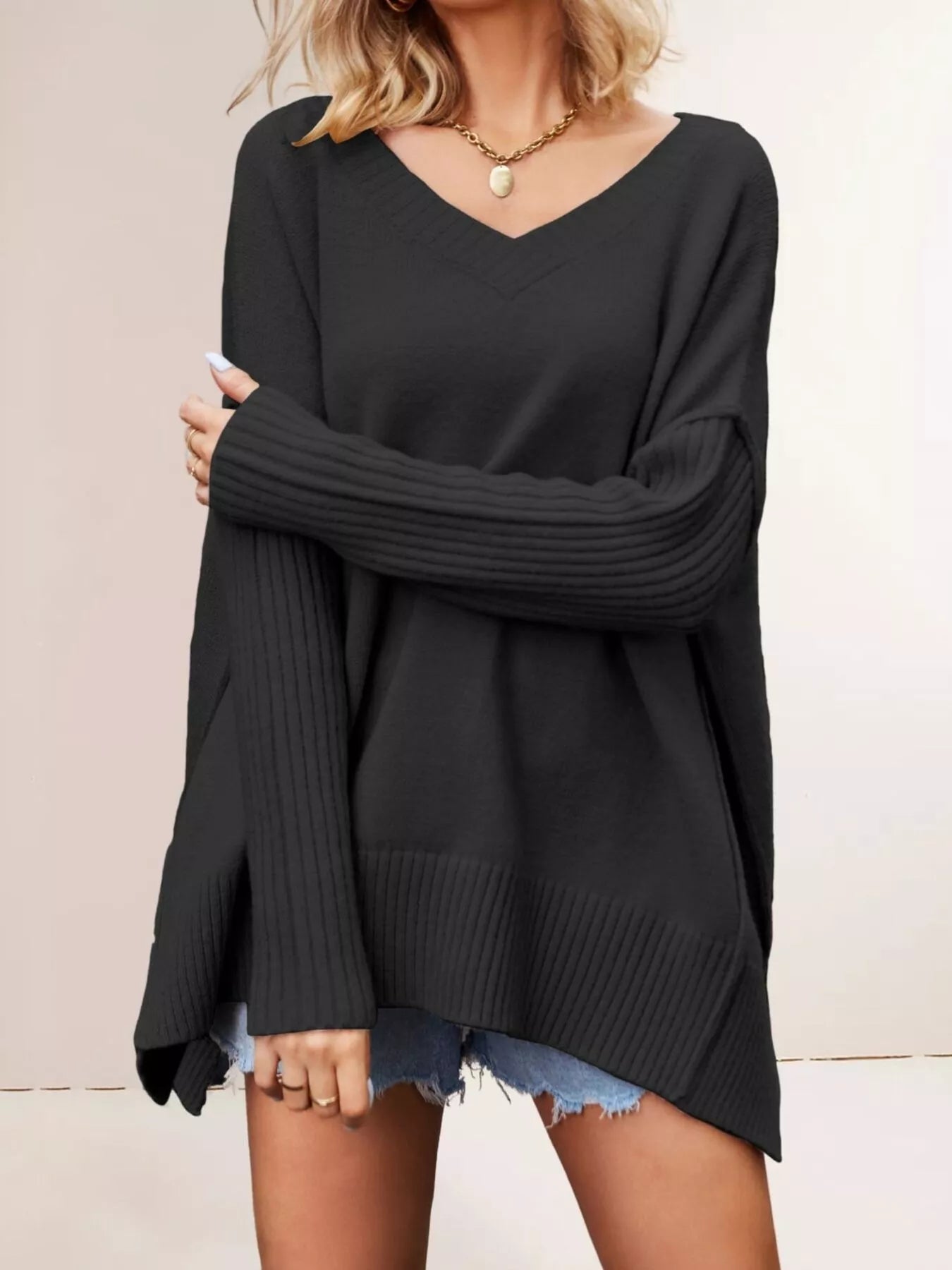 V-Neck Ribbed Sleeve Sweater