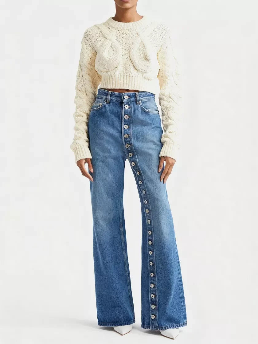High-Waisted Asymmetric Button-Fly Wide-Leg Jeans