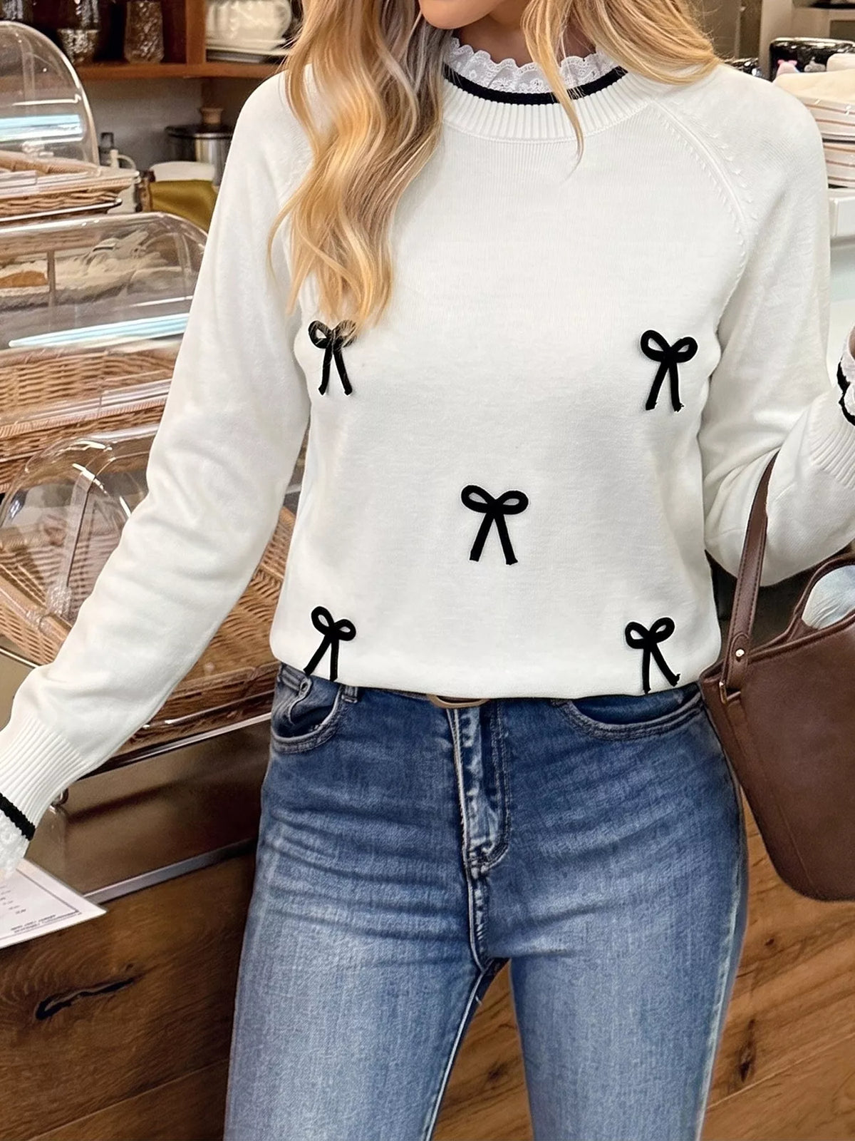 Bow-Embellished Lace Trim Sweater
