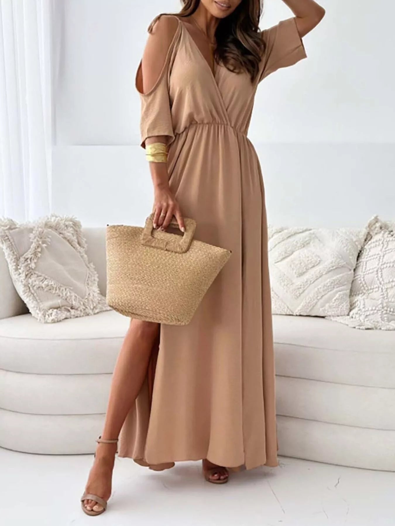 Slit Cold Shoulder Maxi Dress