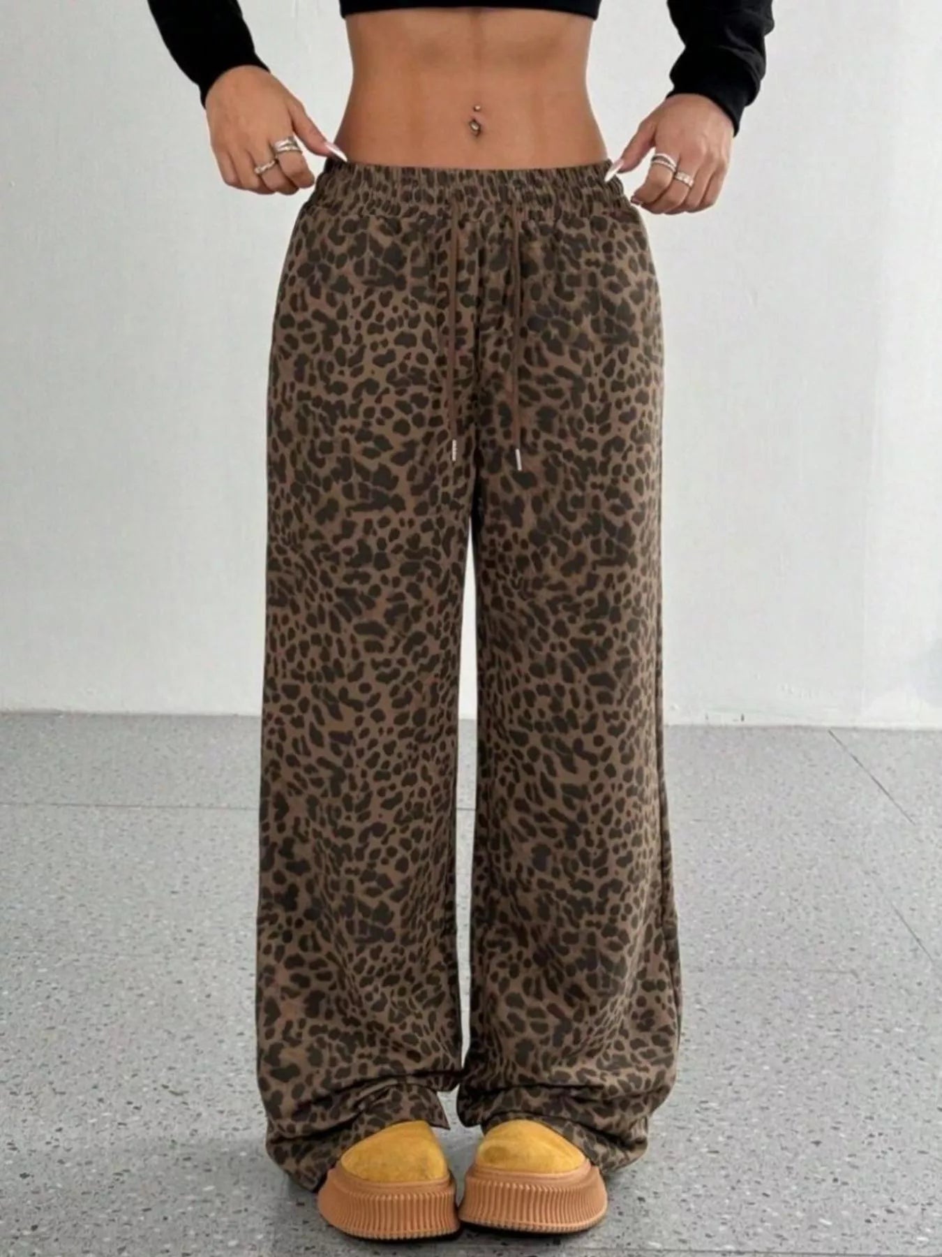 Leopard Drawstring Wide Leg Pants