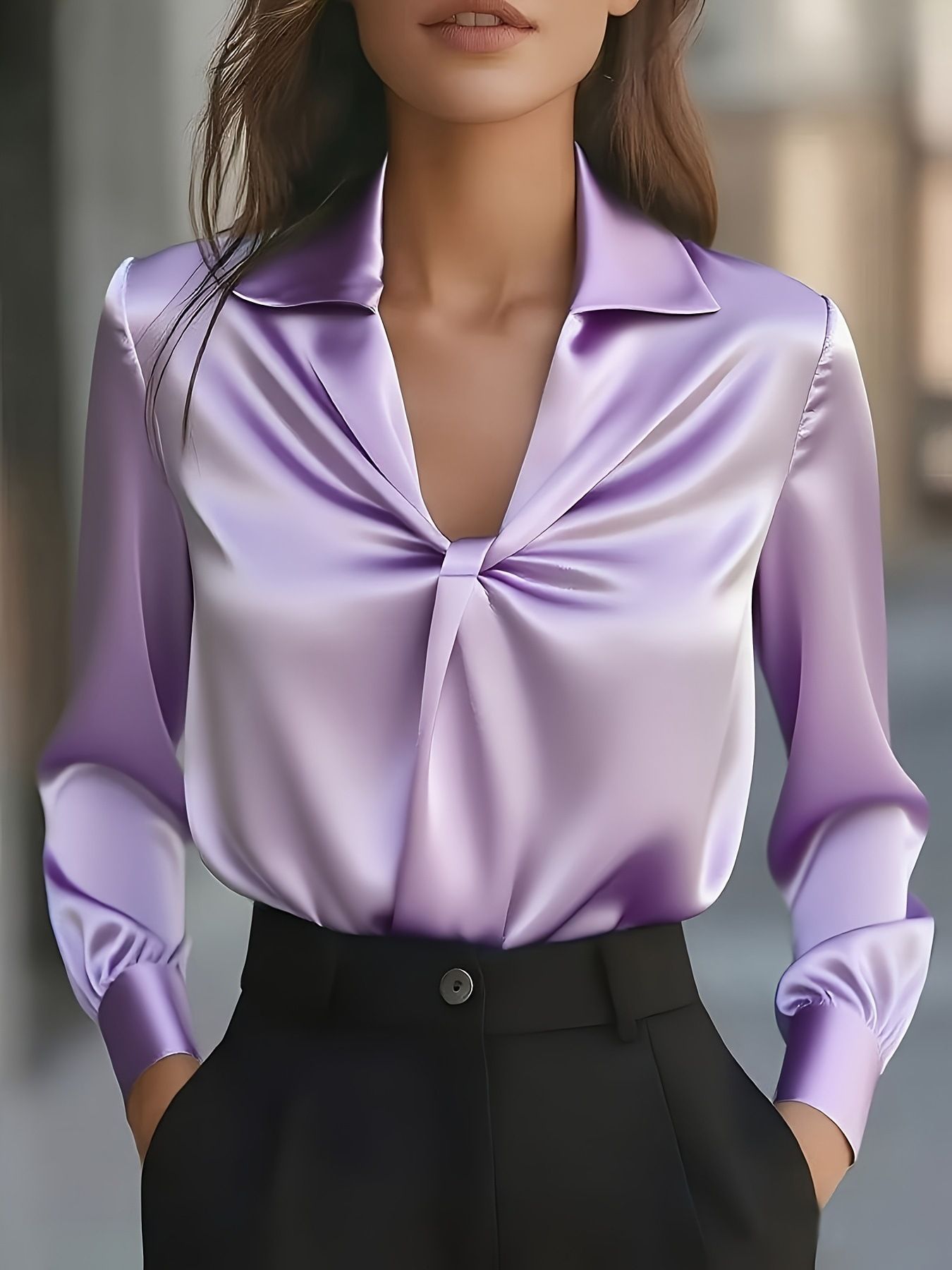 Ruched Collared Neck Long Sleeve Blouse