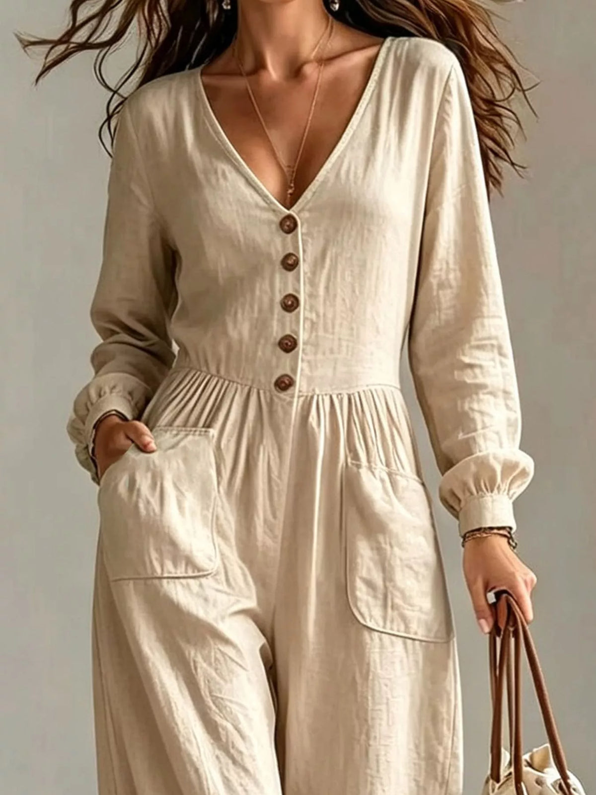 V-Neck Long Sleeve Button-Down Wide Leg Jumpsuit