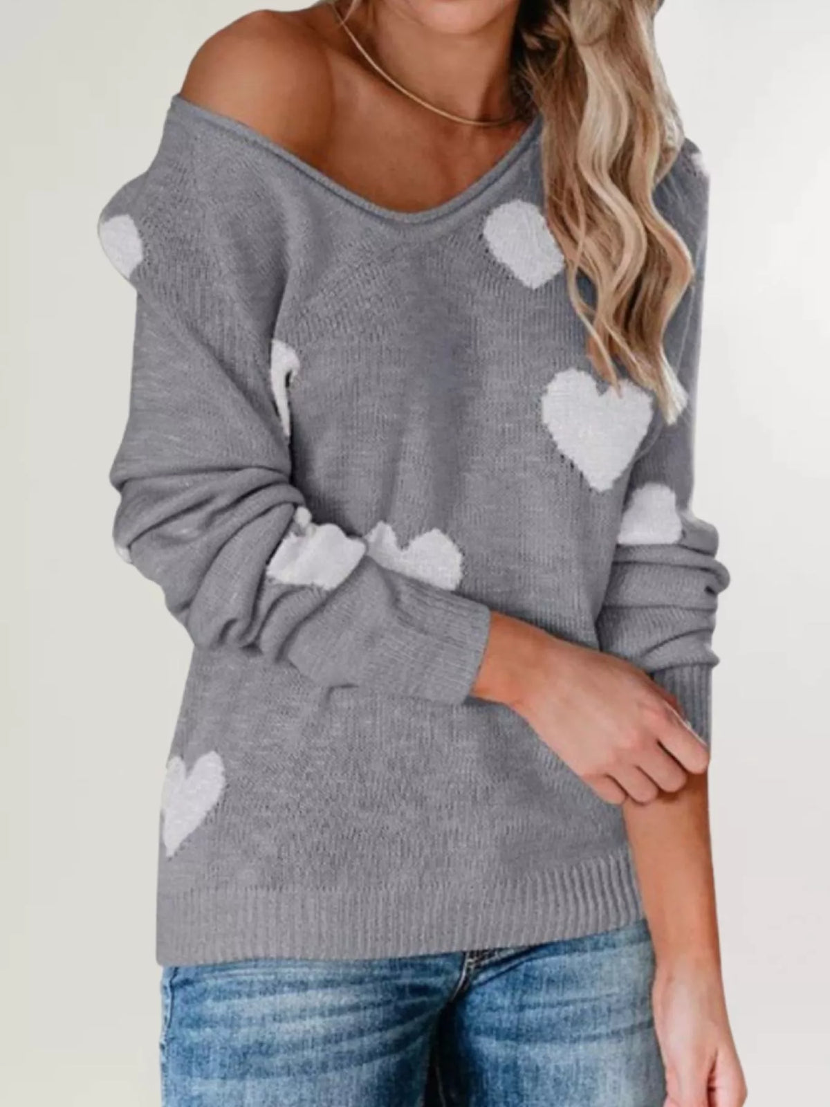 Heart Pattern V-Neck Sweater