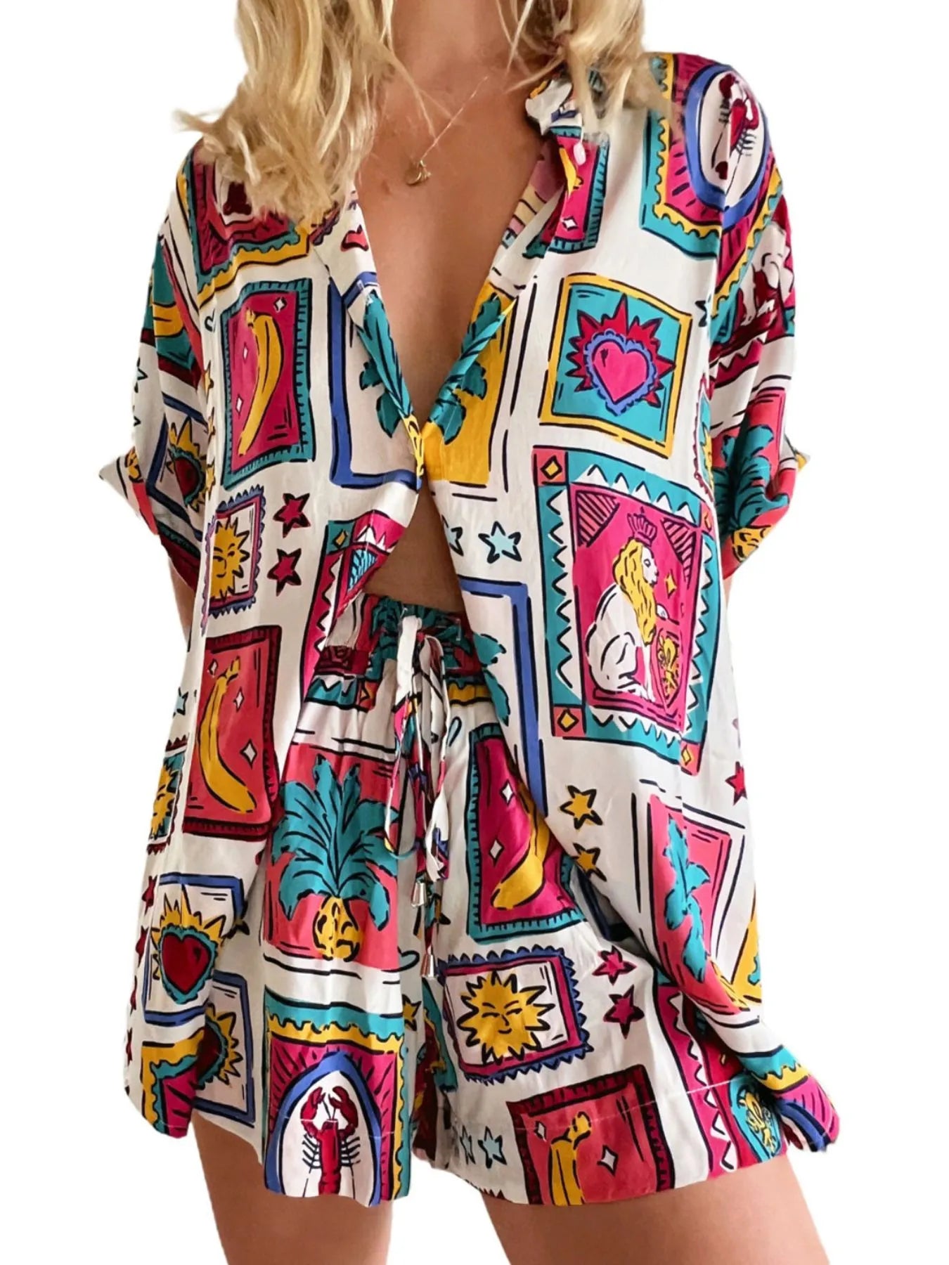 Printed Button Up Shirt and Shorts Set