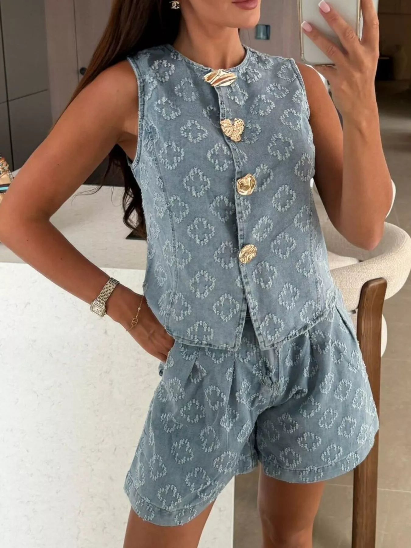 Embossed Vest and Shorts Denim Set with Gold-Tone Buttons
