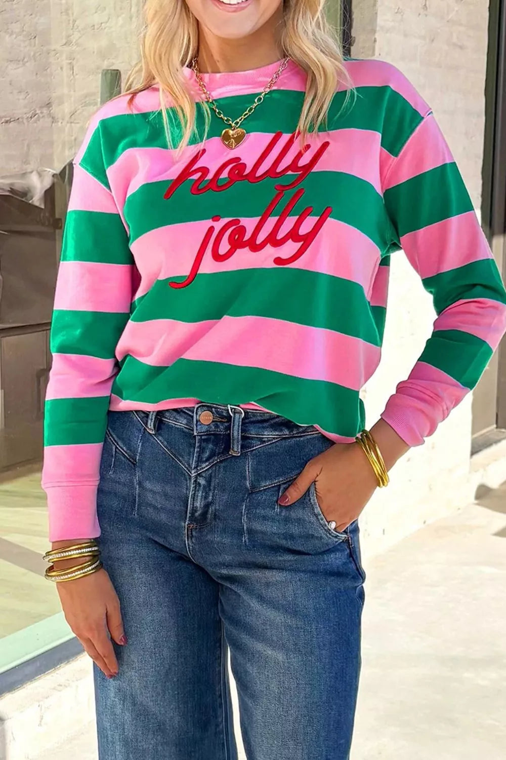 Stripe holly jolly Letter Embroidered Pullover Sweatshirt