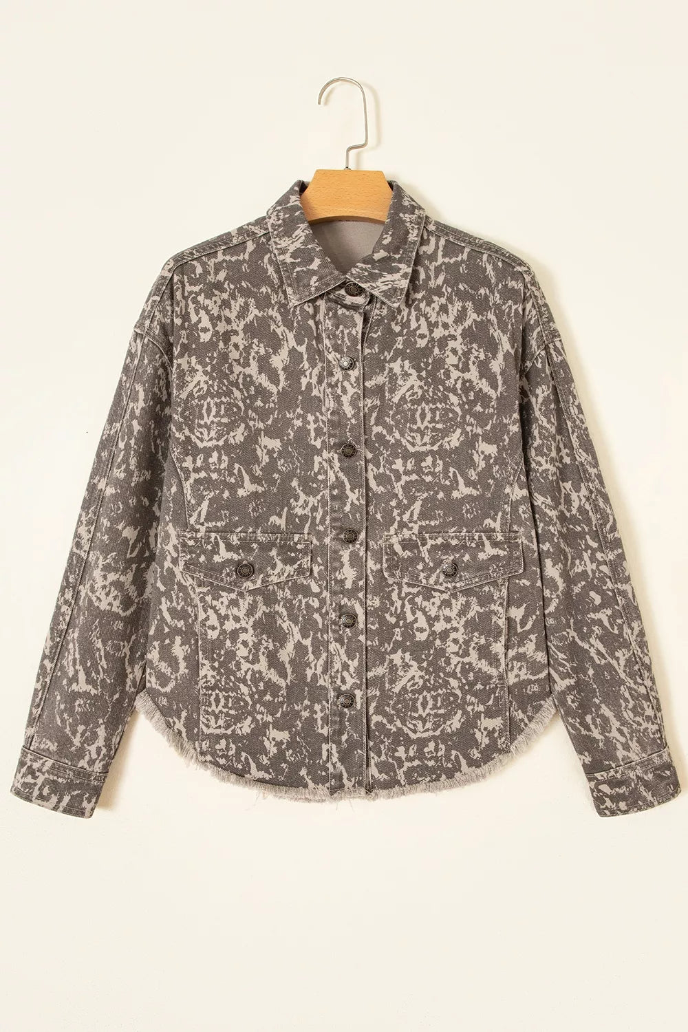 Abstract Print Long Sleeve Collar Raw Hem Denim Jacket