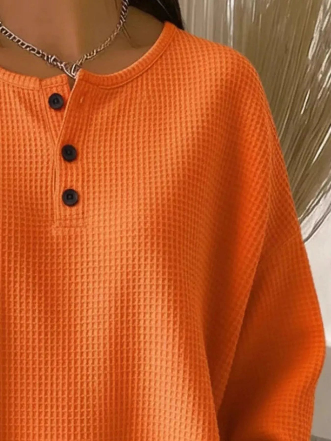 Full Size Waffle Knit Button Detail Top Plus Size