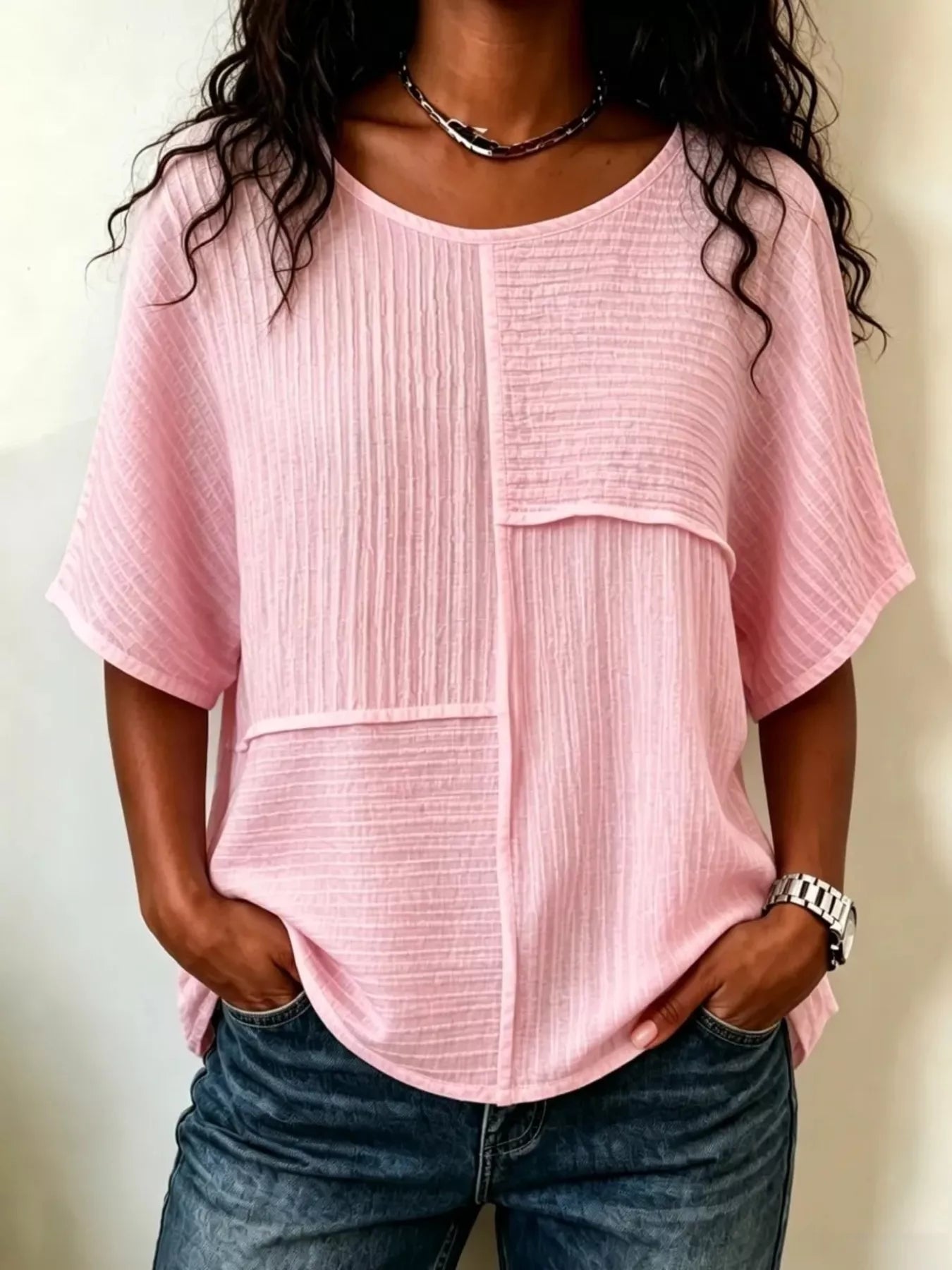 Full Size Texture Round Neck Half Sleeve Blouse Plus Size