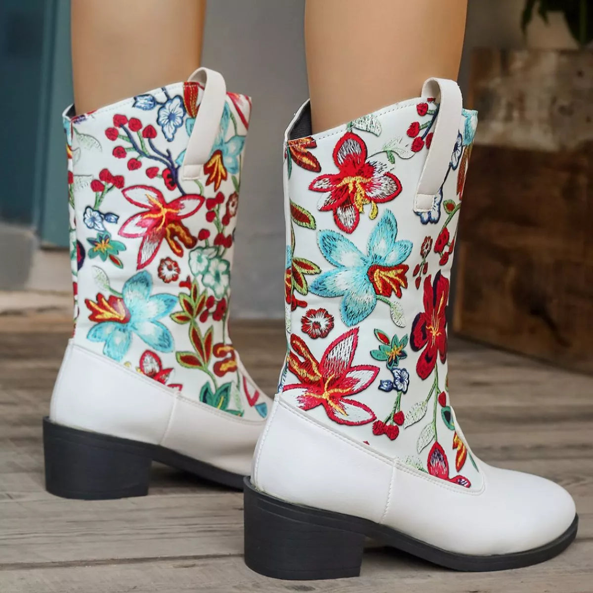 Floral Block Heel Boots