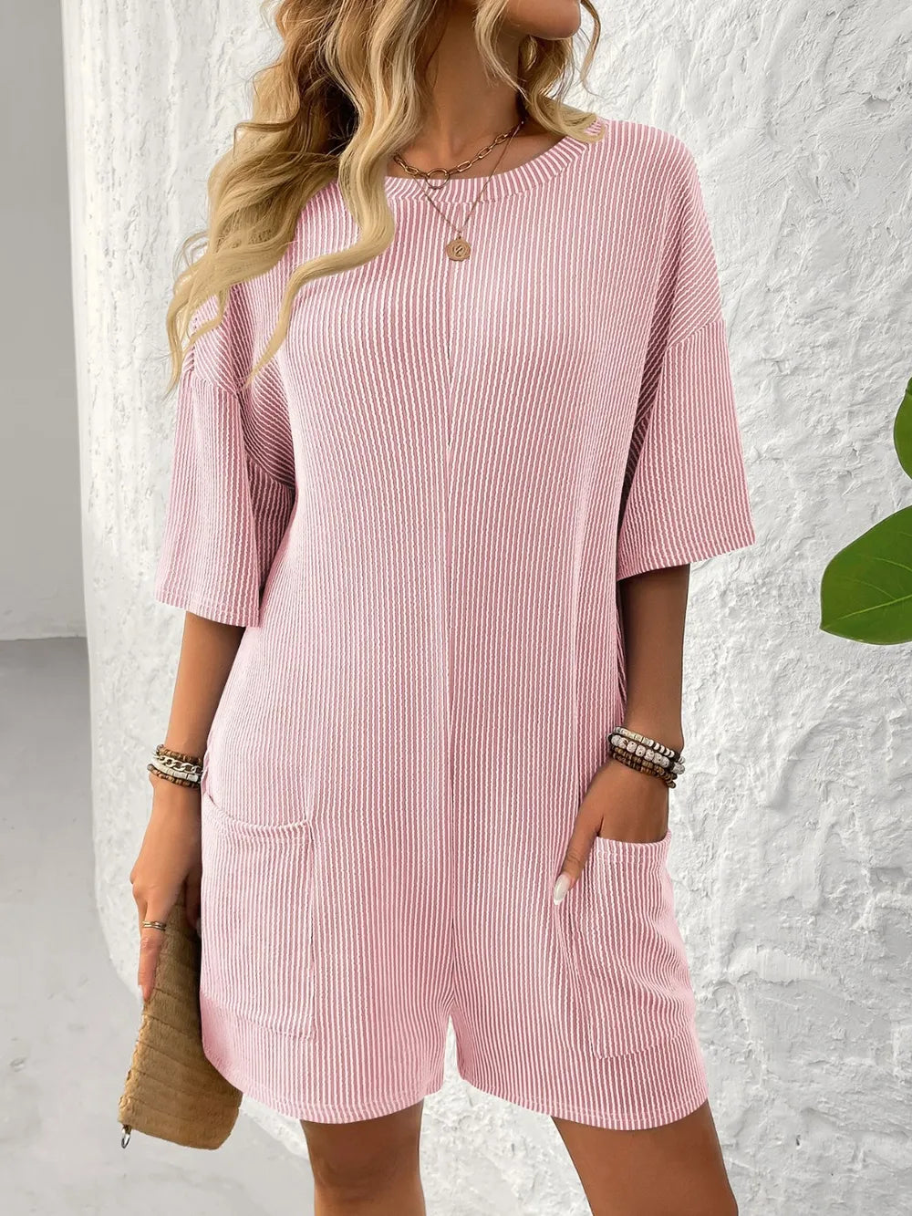 Backless Textured Round Neck Half Sleeve Romper