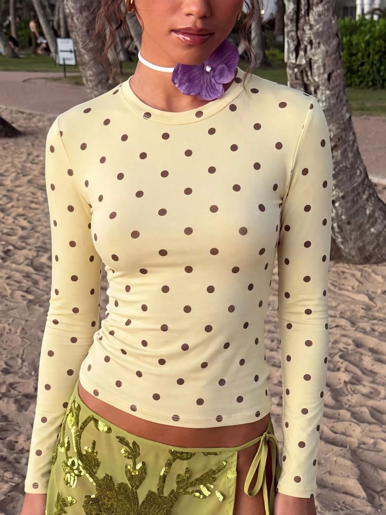 Long Sleeve Polka Dot Slim Fit T-Shirt