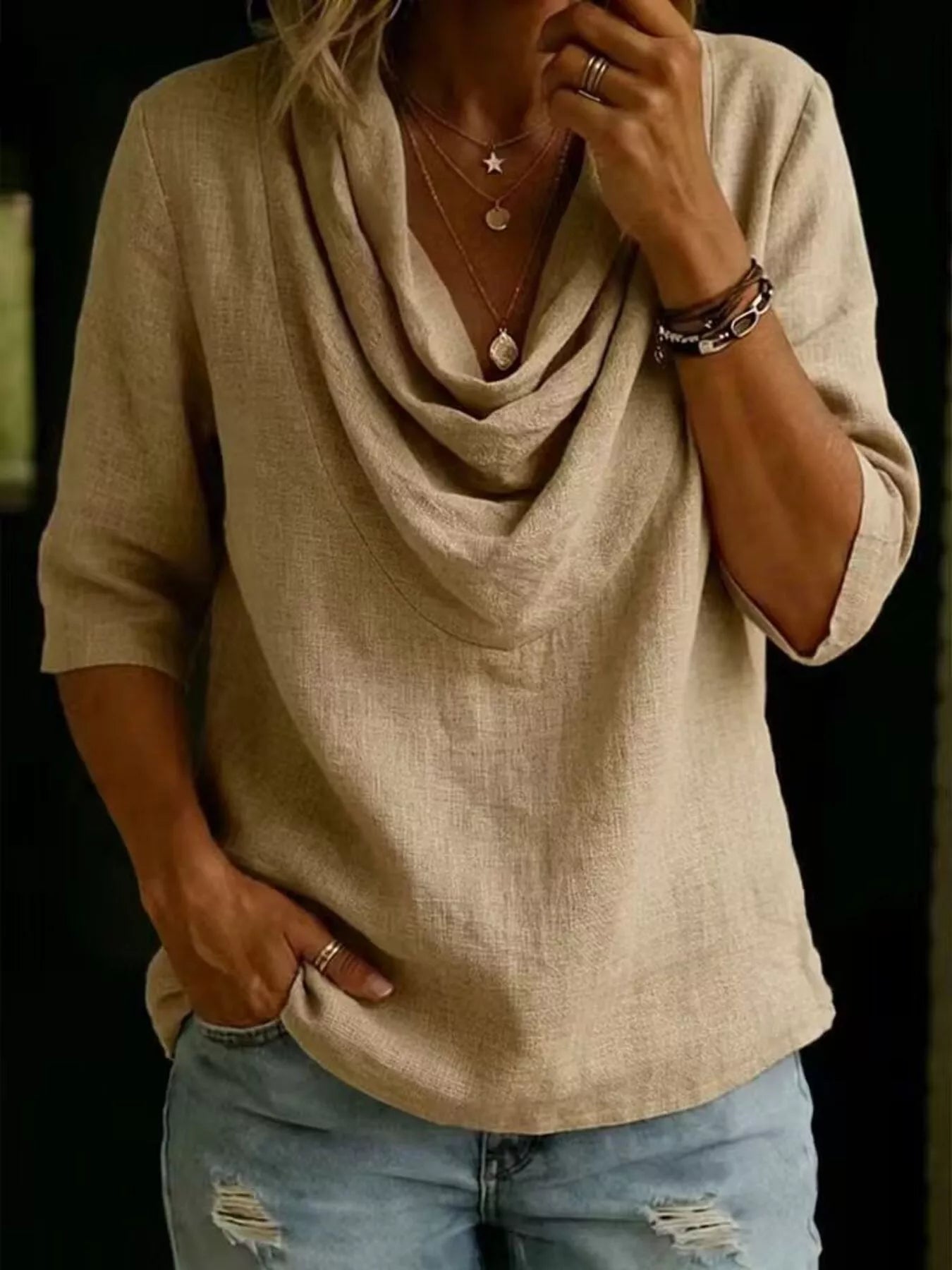 Full Size Cowl Neck 3/4 Sleeve Top Plus Size