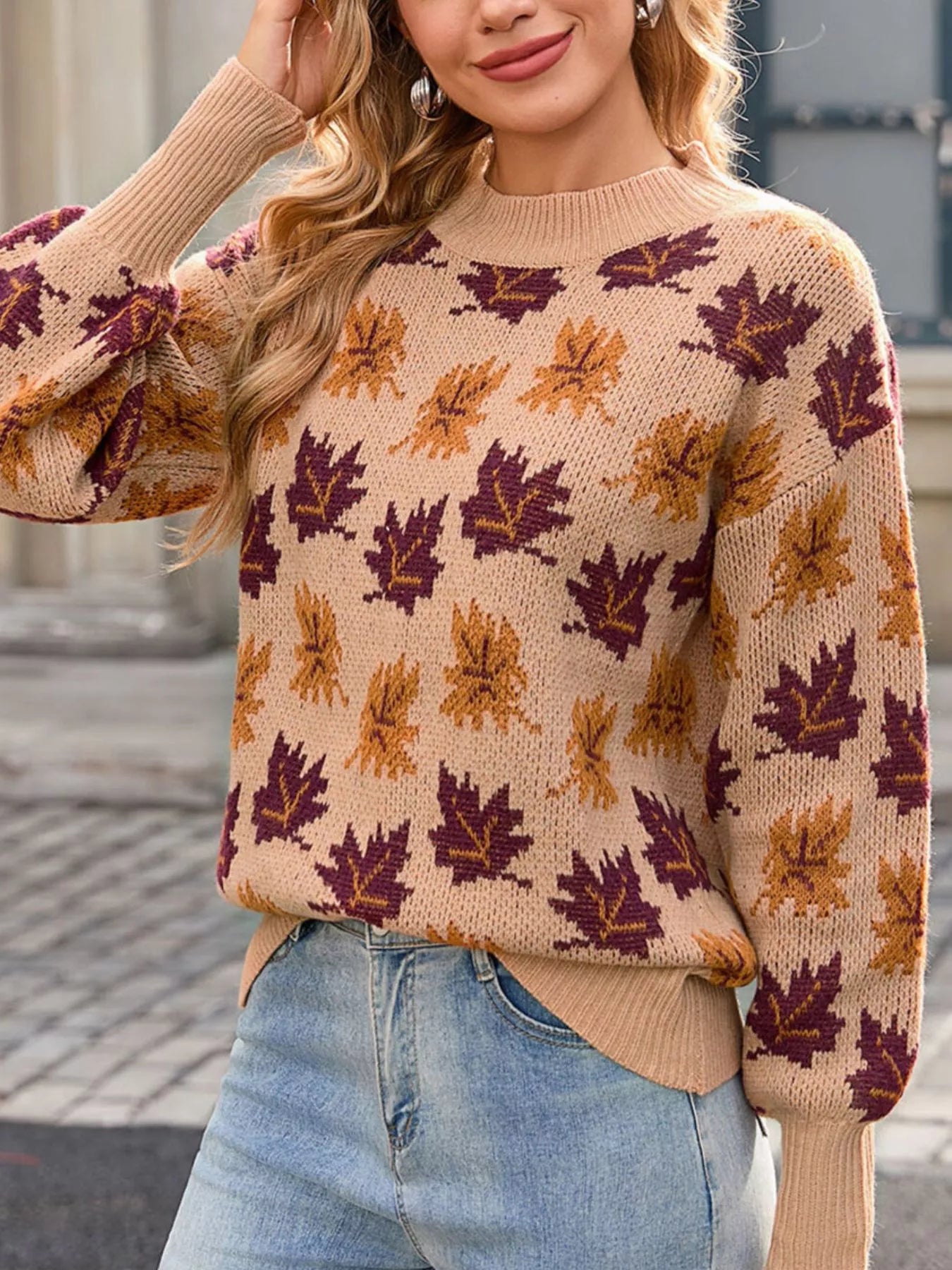 Autumn Leaf Pattern Mock Neck Sweater