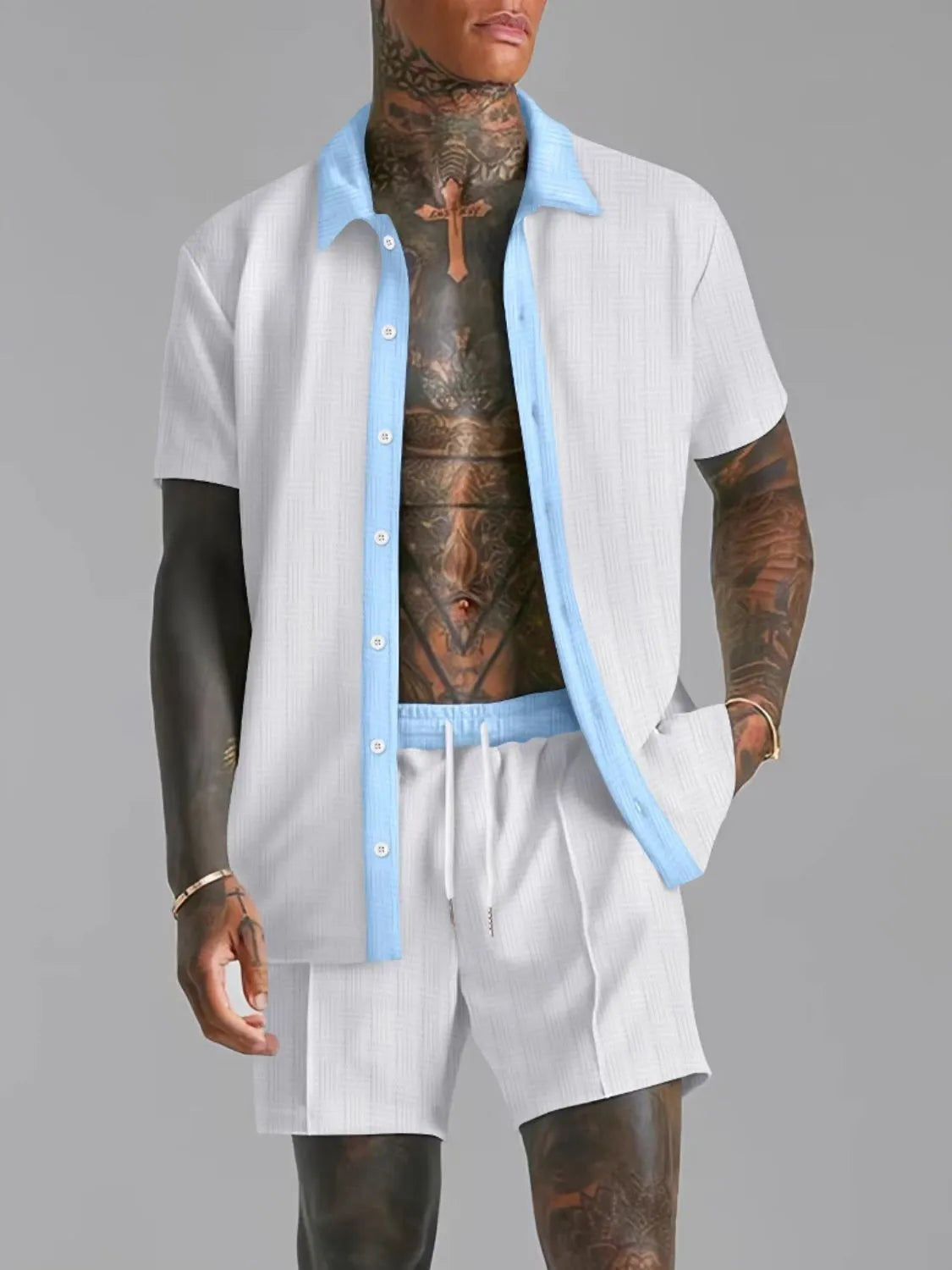 Men's Full Size Collared Neck Short Sleeve Top and Shorts Set Plus Size