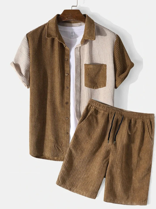 Men's Full Size Color Block Button Up Shirt and Shorts Set Plus Size