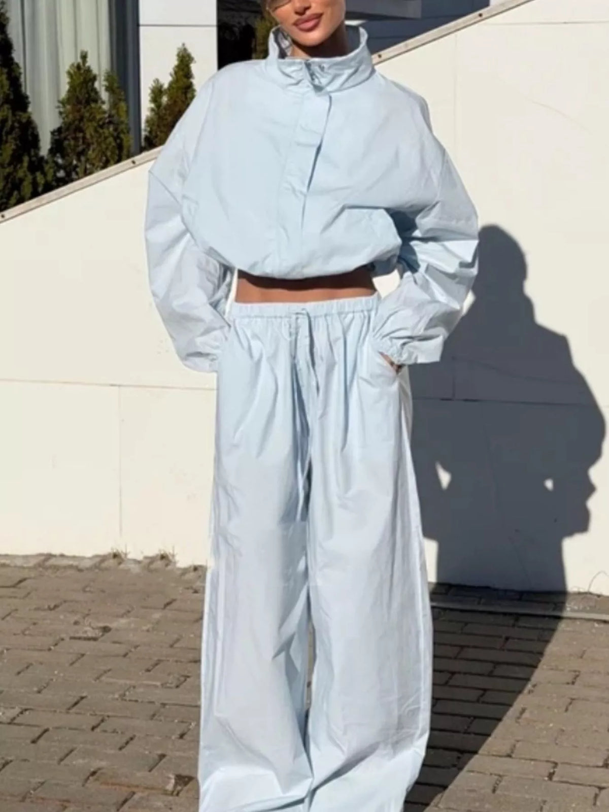 Drawstring Hem Crop Jacket and Wide-Leg Pant Set