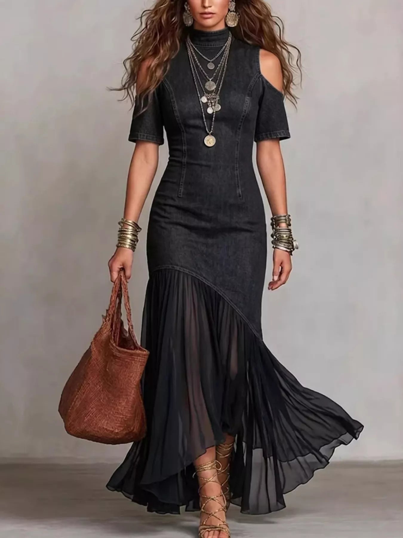 Cold Shoulder Ruffle Hem Maxi Dress