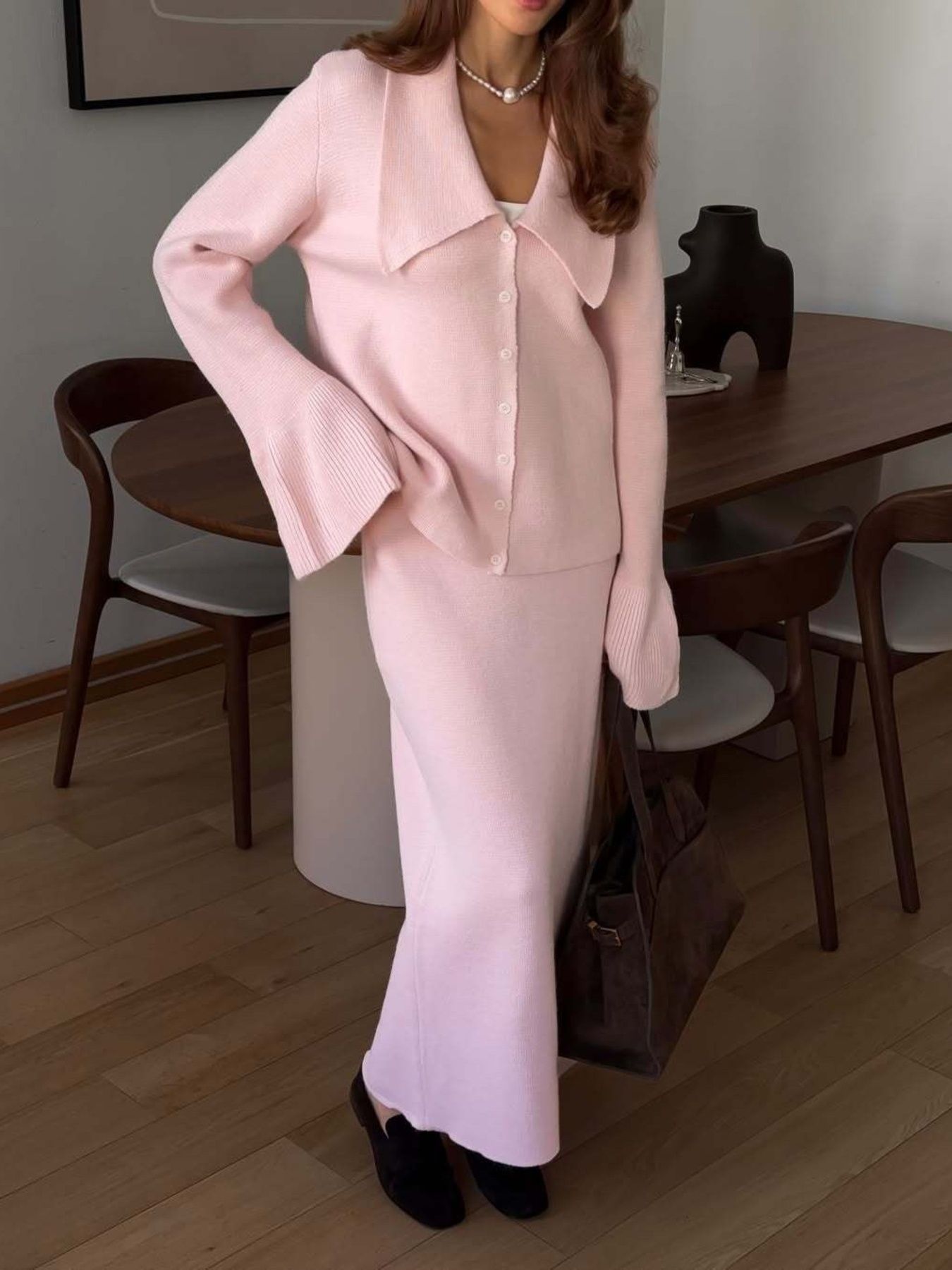 Button Down Long Sleeve Cardigan and Skirt Knit Set