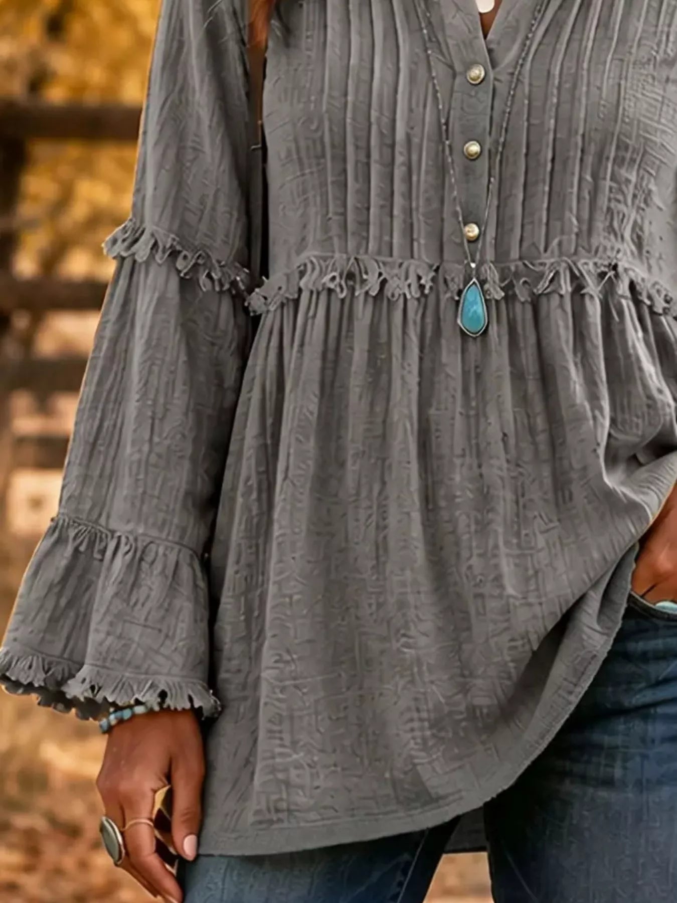 Full Size Frill Notched Long Sleeve Blouse Plus Size
