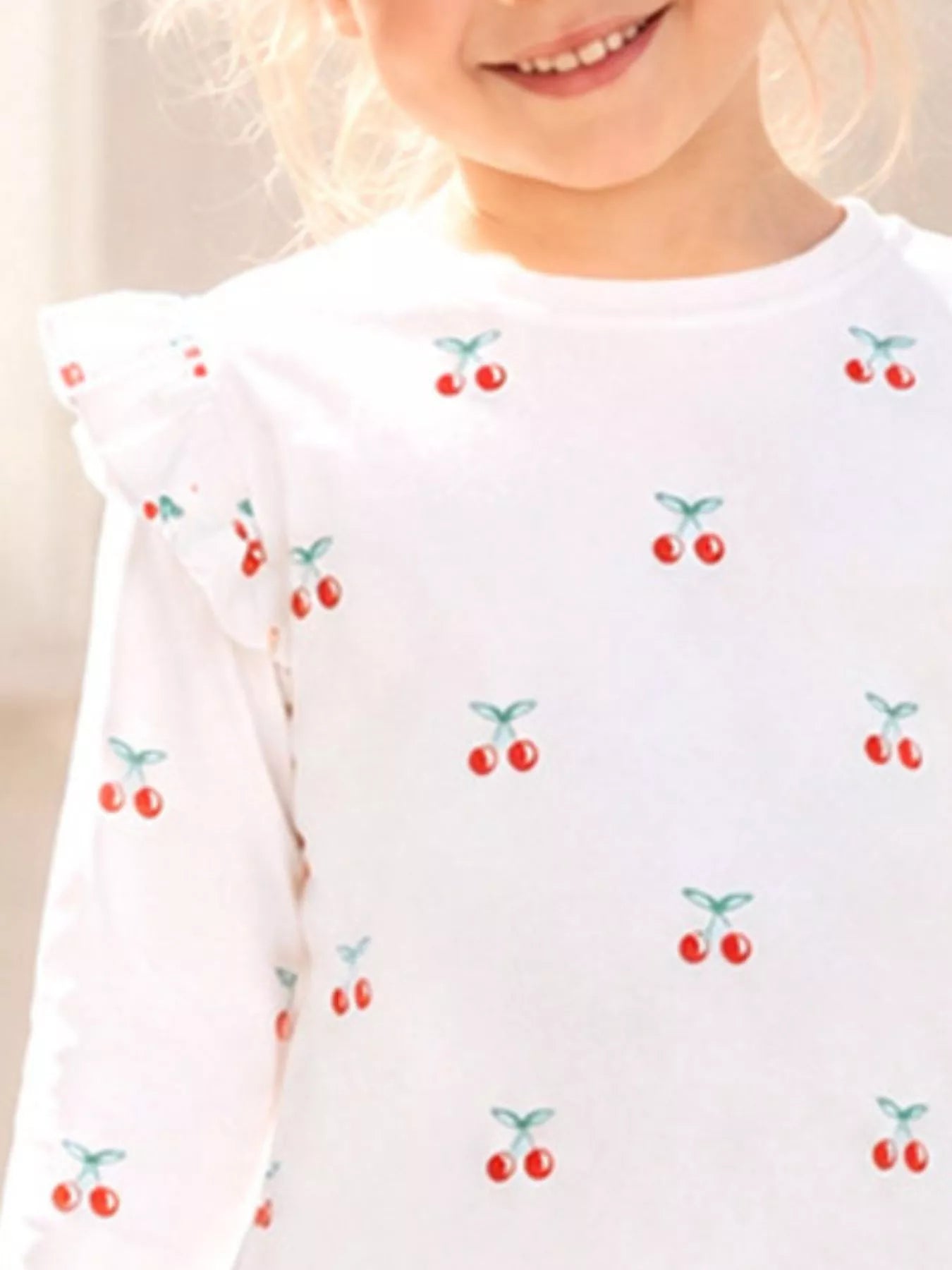 Children's Cherry & Flower Print Ruffled Long Sleeve T-Shirt
