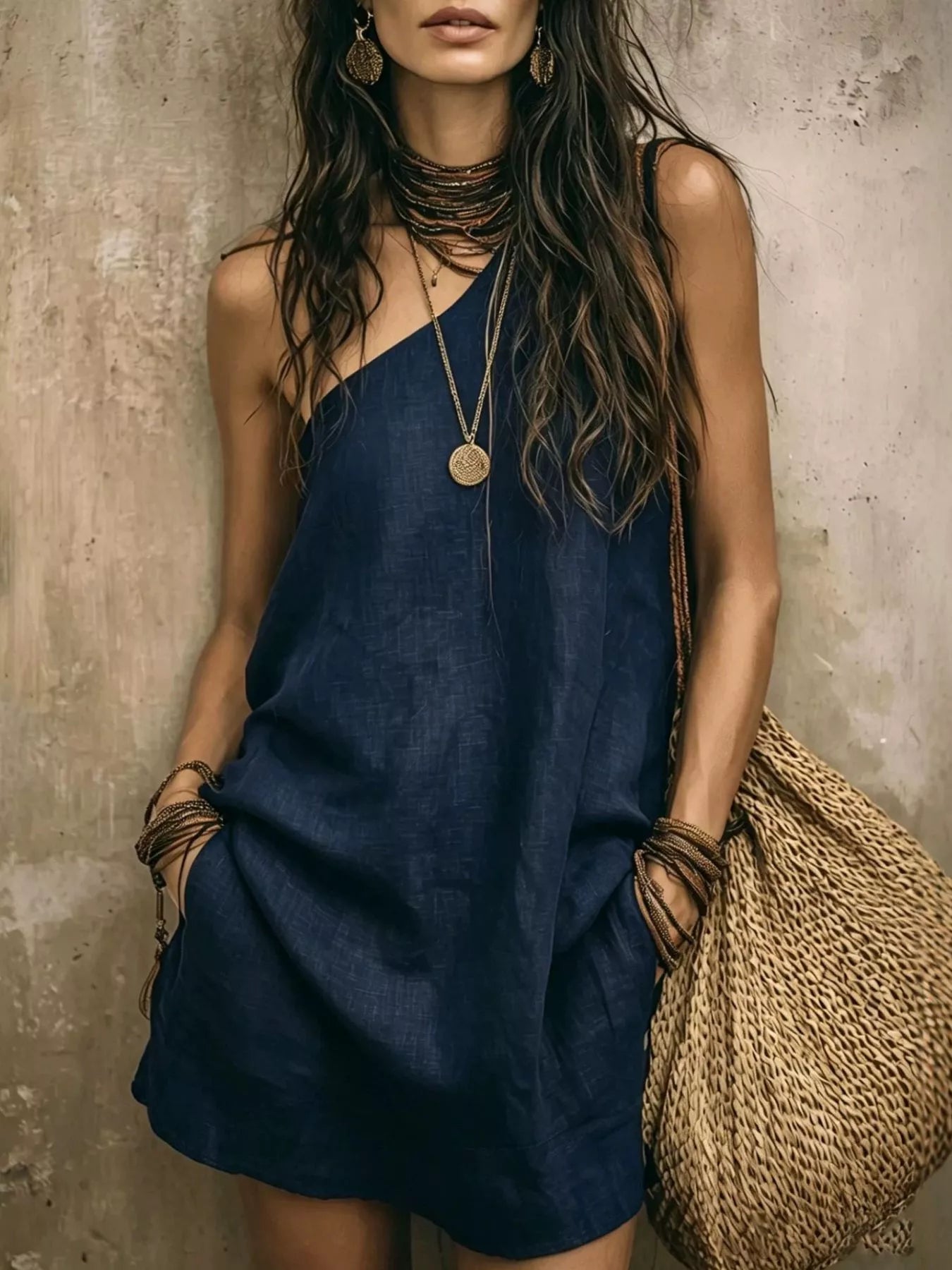 Full Size One Shoulder Linen Mini Dress Plus Size