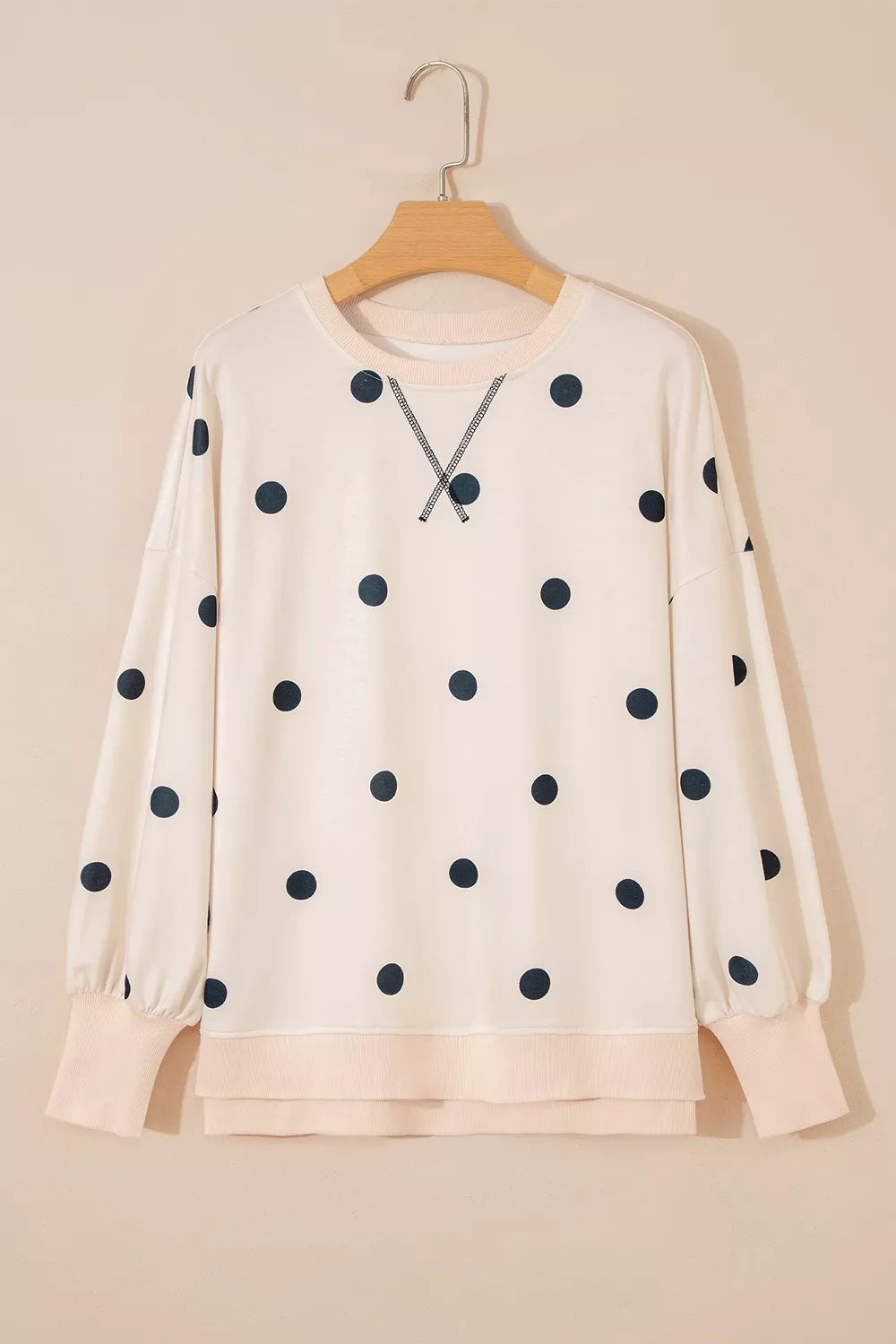 Loose-fit Long Sleeve Round Neck Polka Dot Tunic Sweatshirt