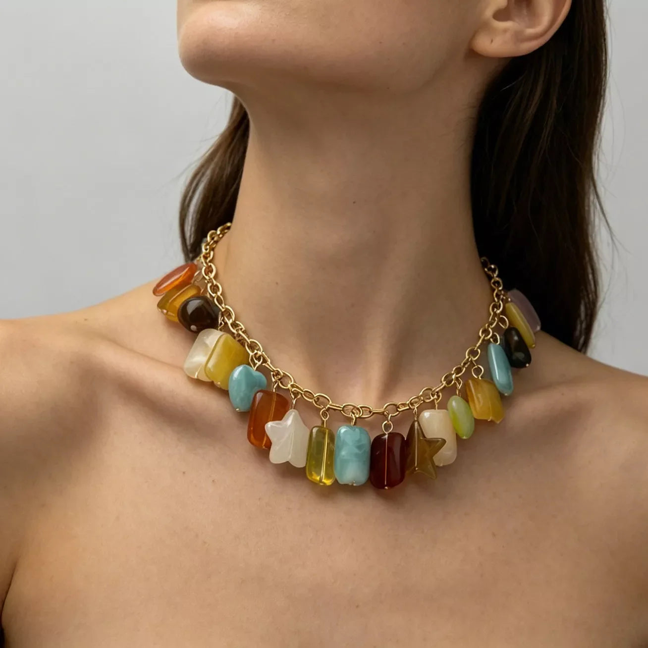 Bohemian Multi-Color Gemstone Charm Necklace