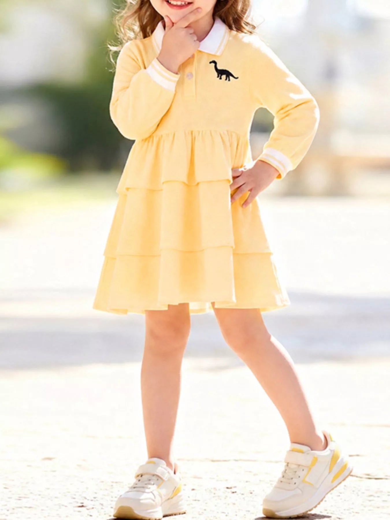 Children's Tiered Dress with Dinosaur Embroidery