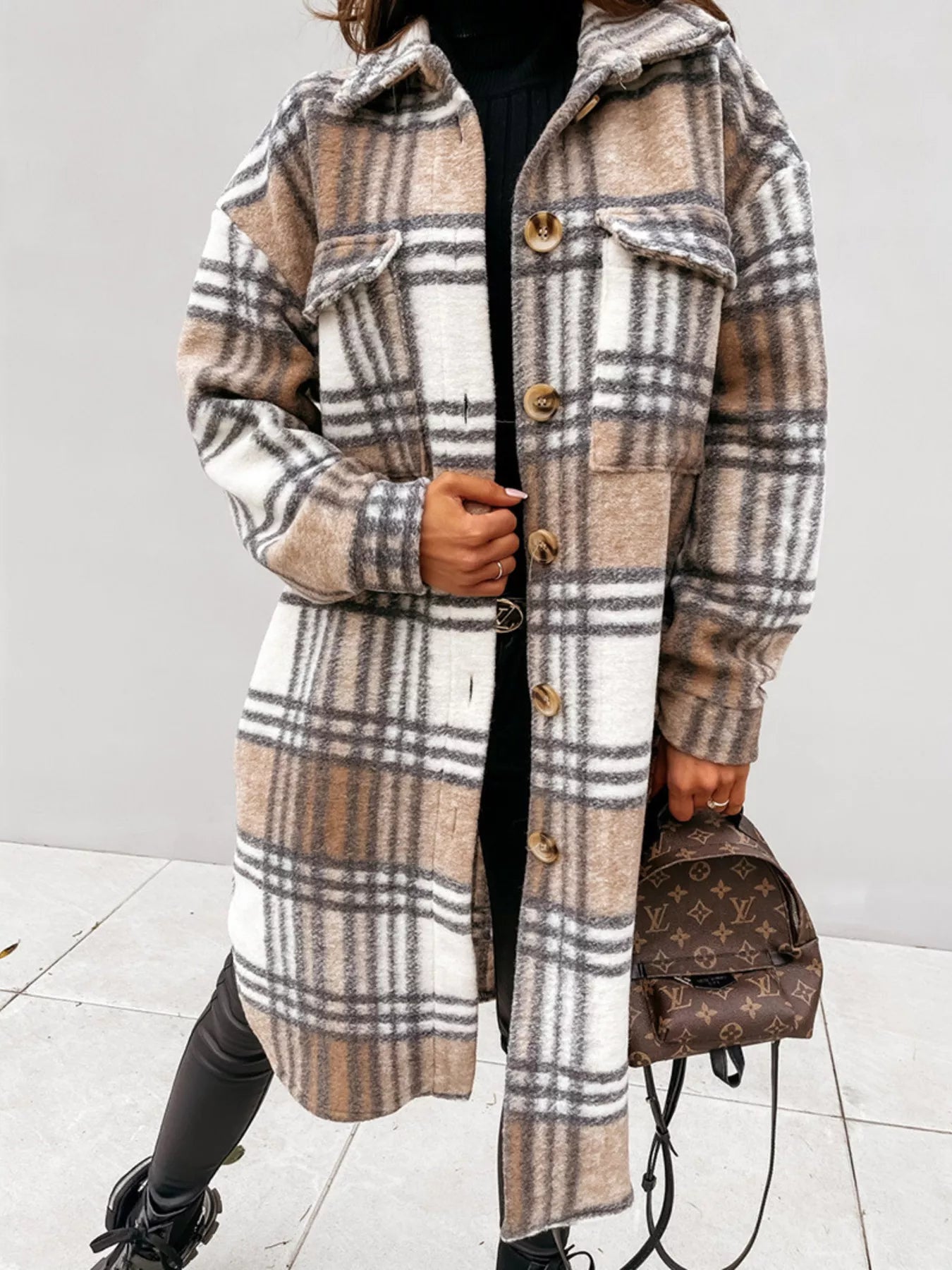 Longline Plaid Button Up Coat