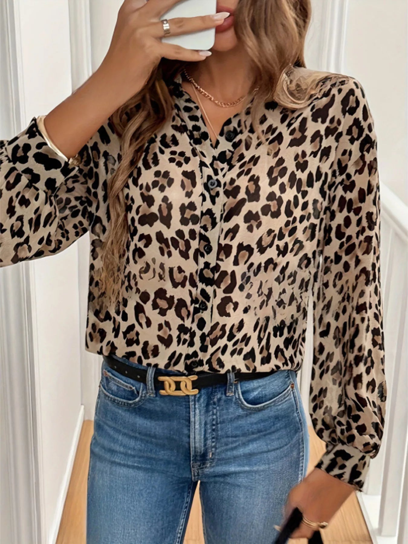 Leopard Print Button-Down Long Sleeve Shirt