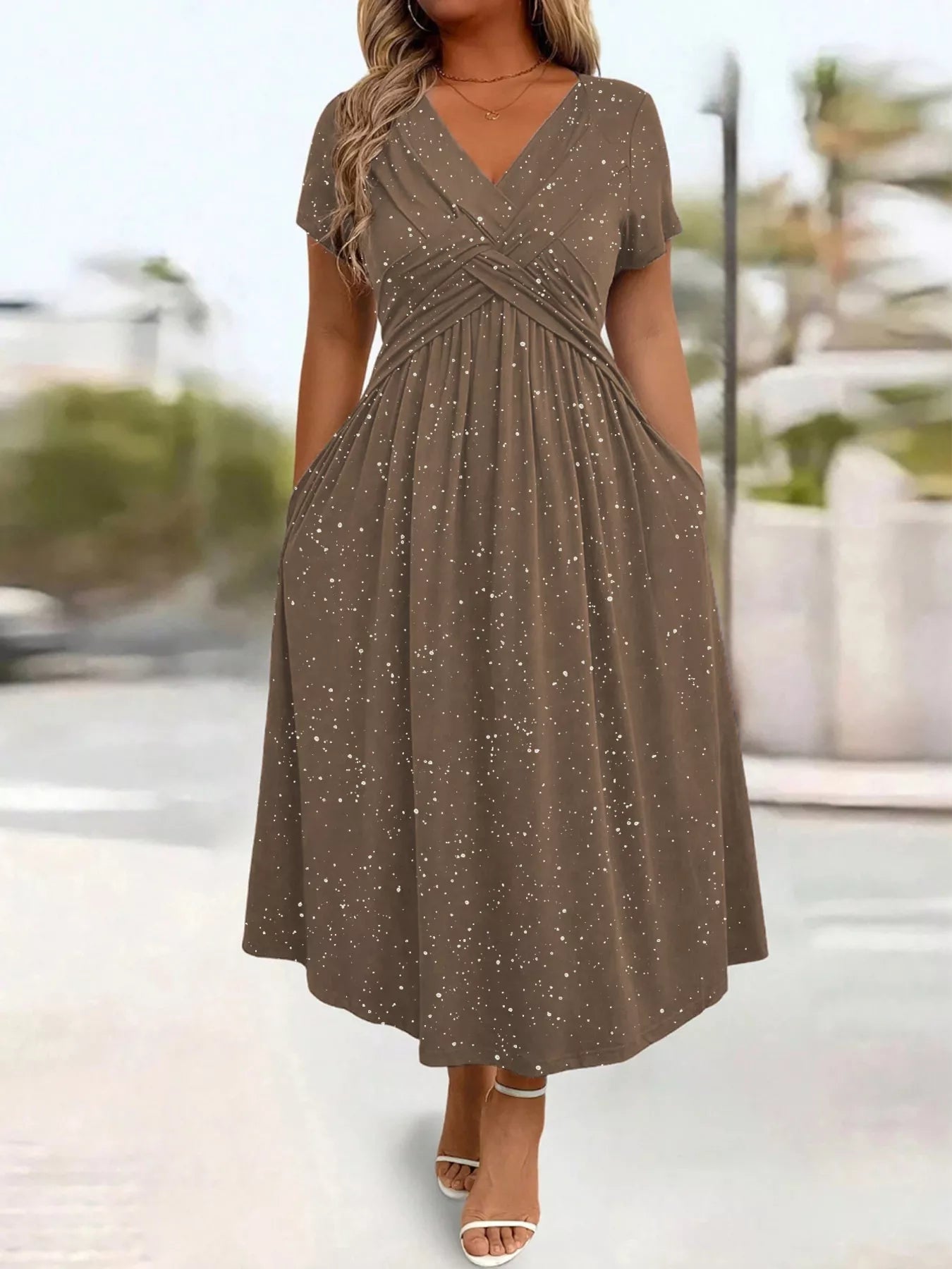 Full Size Glitter Flutter Sleeve Midi Dress Plus Size